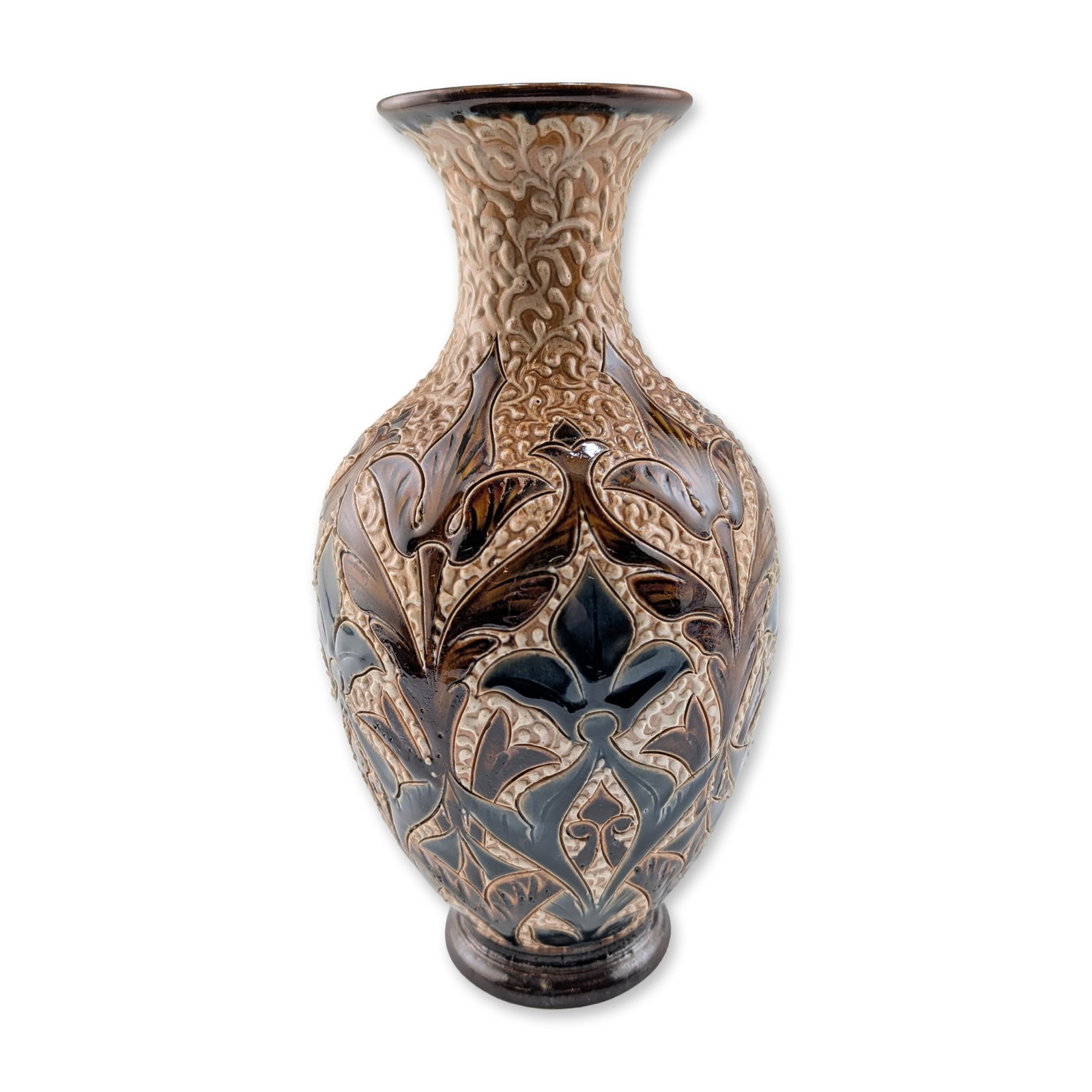 Doulton Lambeth Stoneware Art Nouveau Foliate Motif Vase: The baluster form features a widely flared rim and slender neck transitioning to an ovoid body on a circular pedestal base. The exterior is decorated with high relief stylized foliate and floral motif