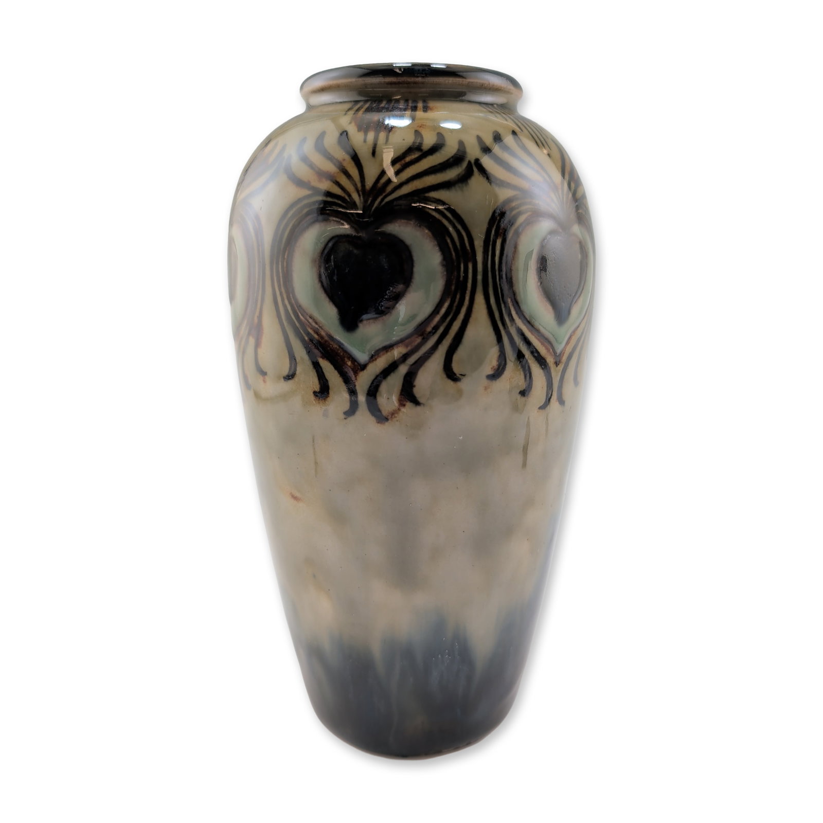 Royal Doulton by Eliza Simmance Stoneware Art Nouveau Rare Peacock Feather Vase: Ovoid stoneware form featuring hand-decorated peacock feather motifs around the shoulder in a palette of dark brown, sage green, and cream glazes. The body features a mottled tan to gray ground, with 