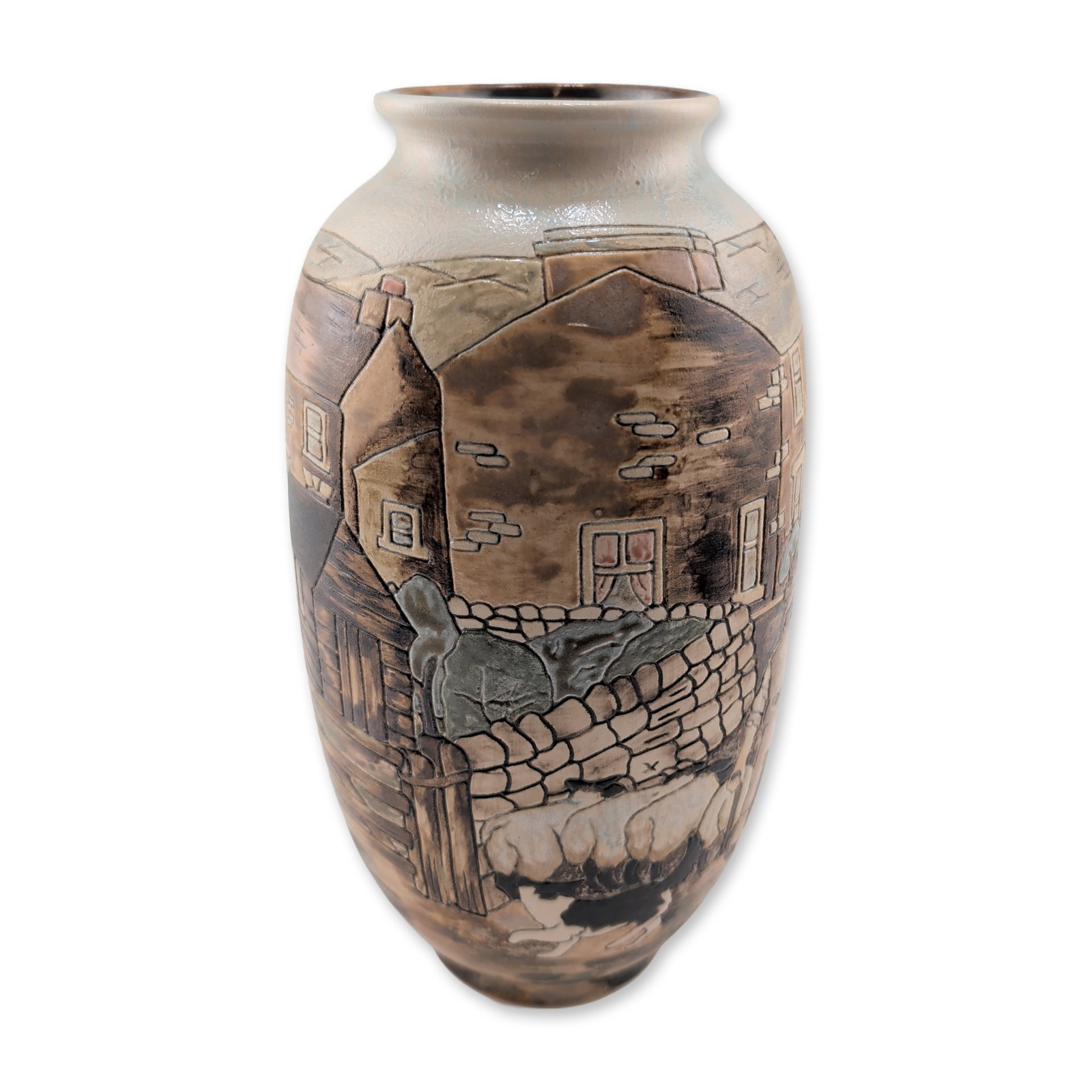 Burslem Pottery Stoneware Trial 1 Stoneware English Rural Motif Vase: This tapered ovoid vessel features a wraparound relief scene depicting a traditional English village, including stone buildings, a cobblestone path, and a male figure in rural attire. The decoration i