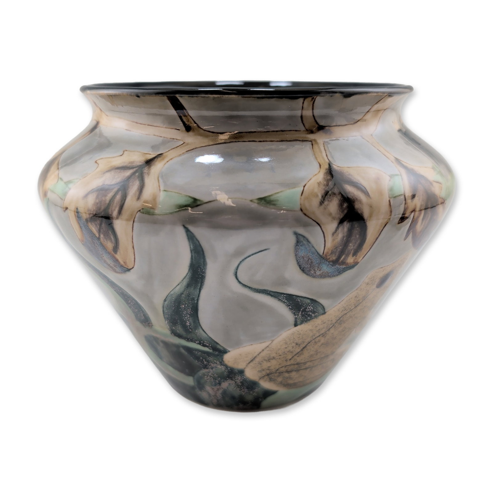 Cobridge Stoneware Trial Frog Motif Vase: A trial stoneware vase with an inverted conical form and flared rim, featuring hand-painted and tube-lined decoration. The exterior depicts a naturalistic scene with a frog among broad leaves and stem