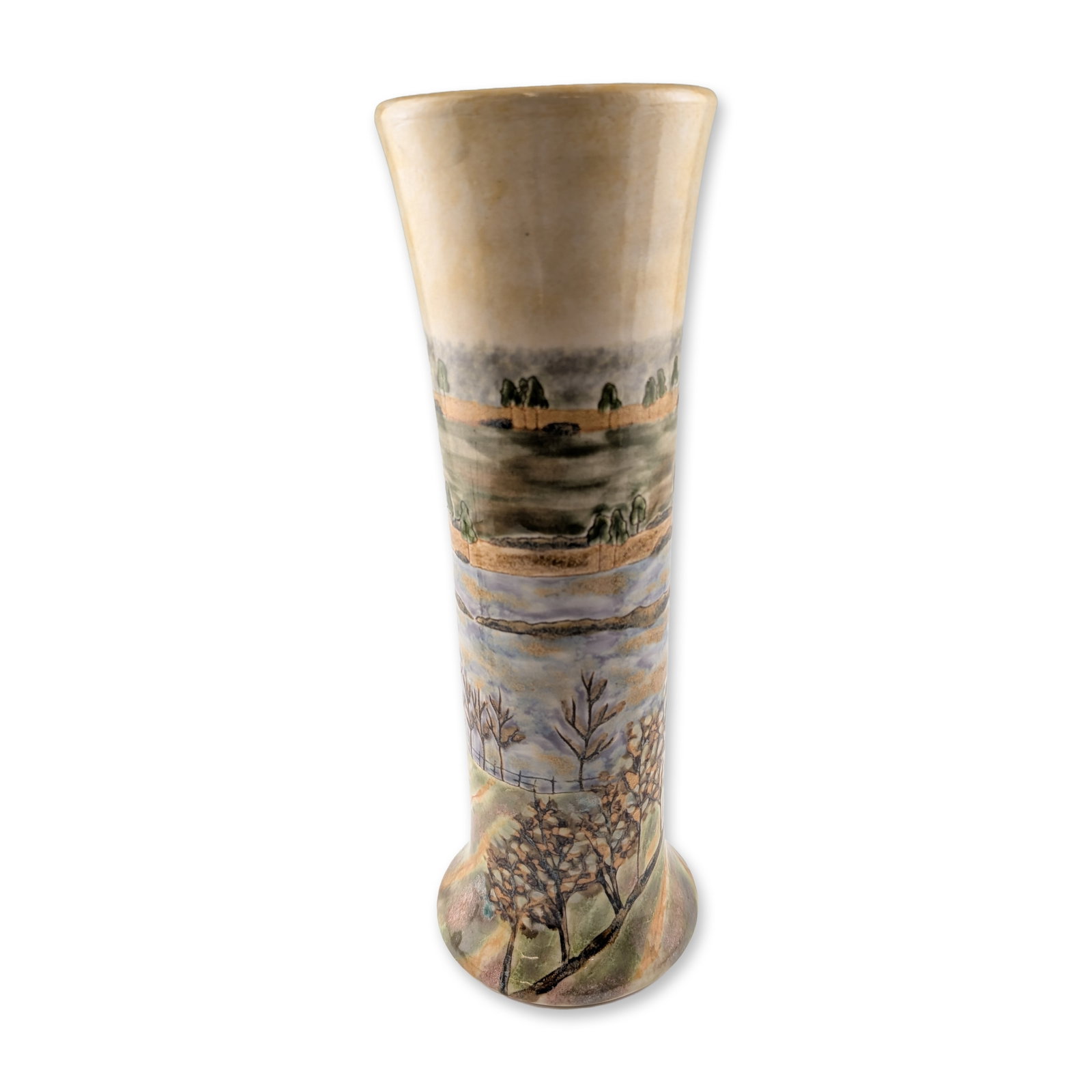 Cobridge Stoneware Trial Landscape Vase: Hand-painted stoneware vase in a tall, tapered cylindrical form with a flared rim and base. The exterior features a multi-register landscape scene with rows of trees, fields, and winter branches execu