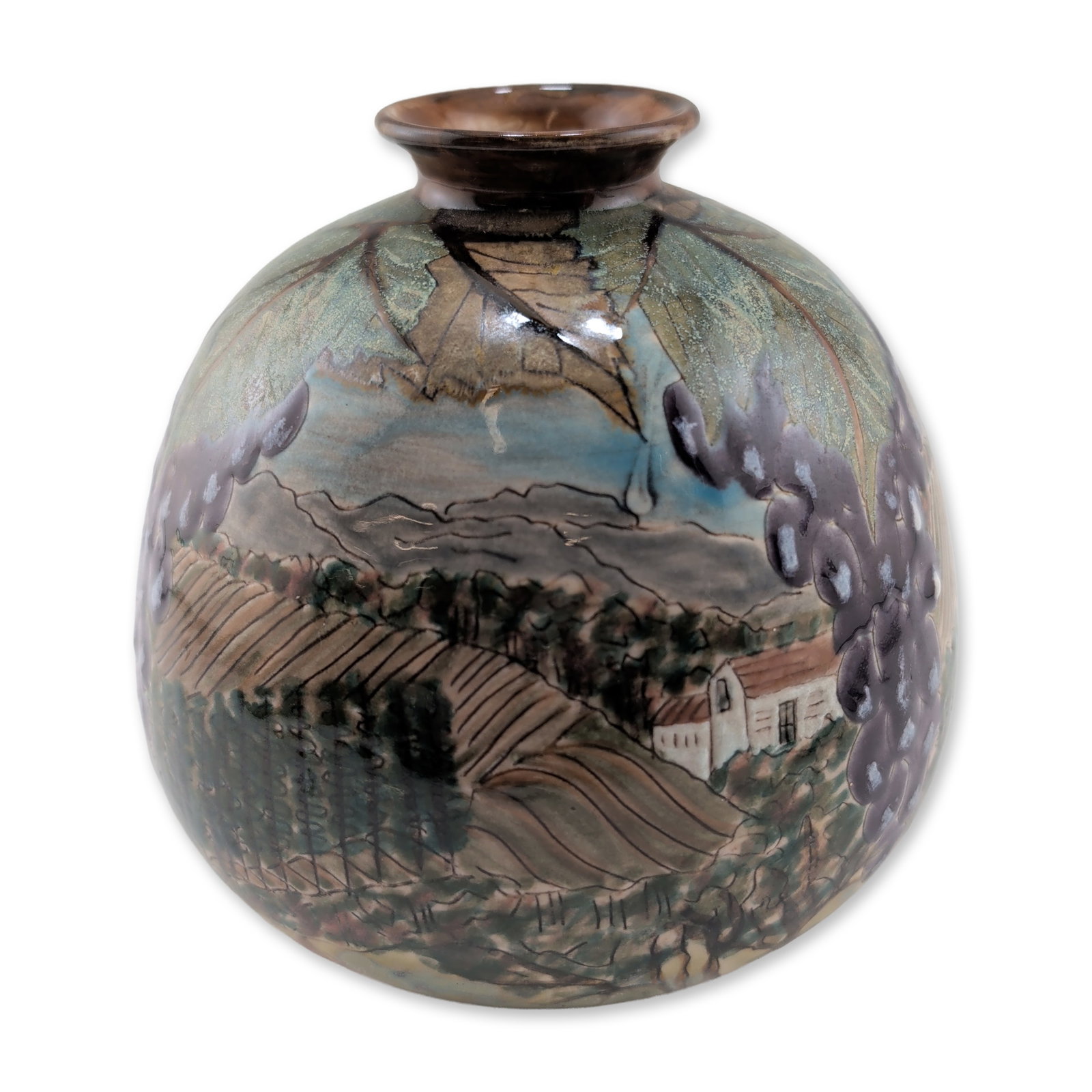 Cobridge Stoneware Wine Vineyard Motif Vase: Limited edition. Globular stoneware vase with a flared rim, featuring a hand-painted continuous landscape scene depicting a rural cottage, stone walls, and rolling hills. The exterior is finished in a