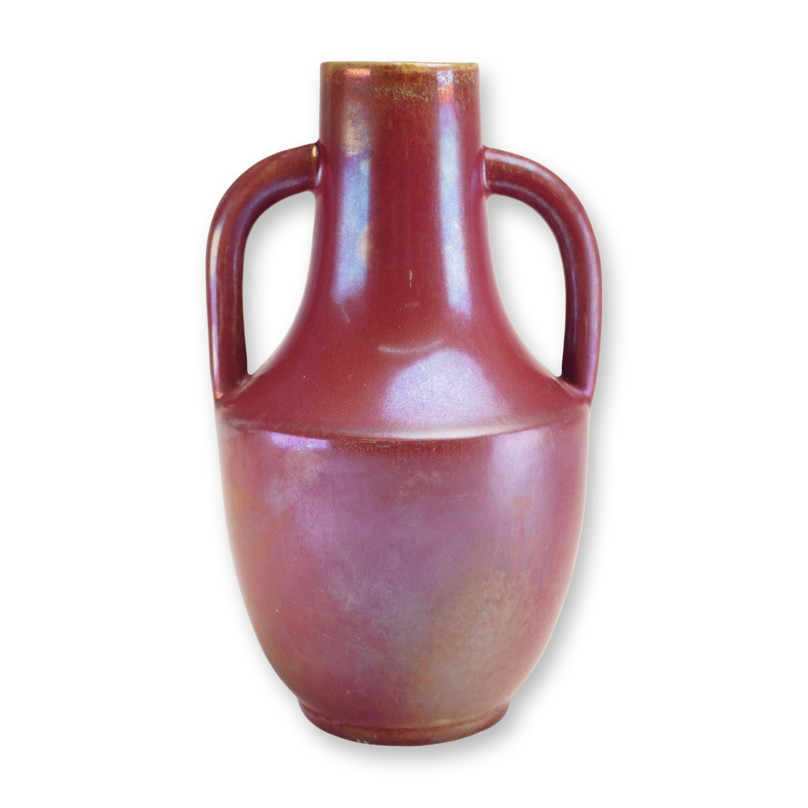 French Aubervilliers Freres Iridescent Mauve and Green Glazed Stoneware Two-Handled Vase: This French art pottery vase is crafted from stoneware, or gres, and features a classic amphora-inspired form with a bulbous body and two vertical loop handles. The exterior is finished in a metallic 