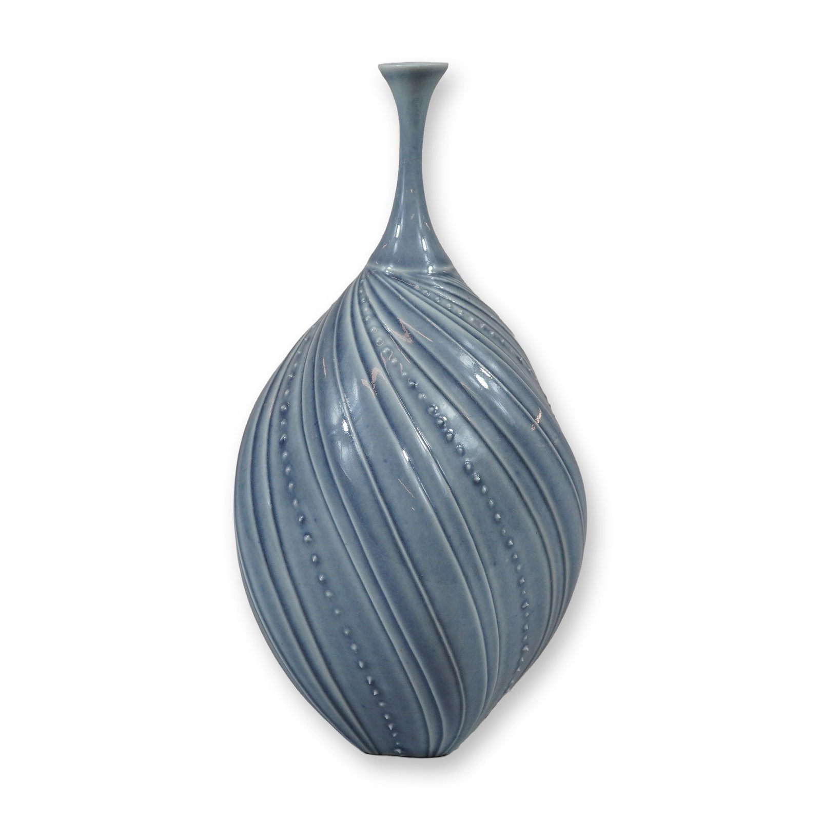 Glidden Pottery Ceramic Spiral Ribbed Bottle Vase, Model 127: This ceramic bottle vase was produced by Glidden Pottery of Alfred, New York. Designated as model number 127, the piece features an ovoid body transitioning into a long, slender, tapering neck with a 