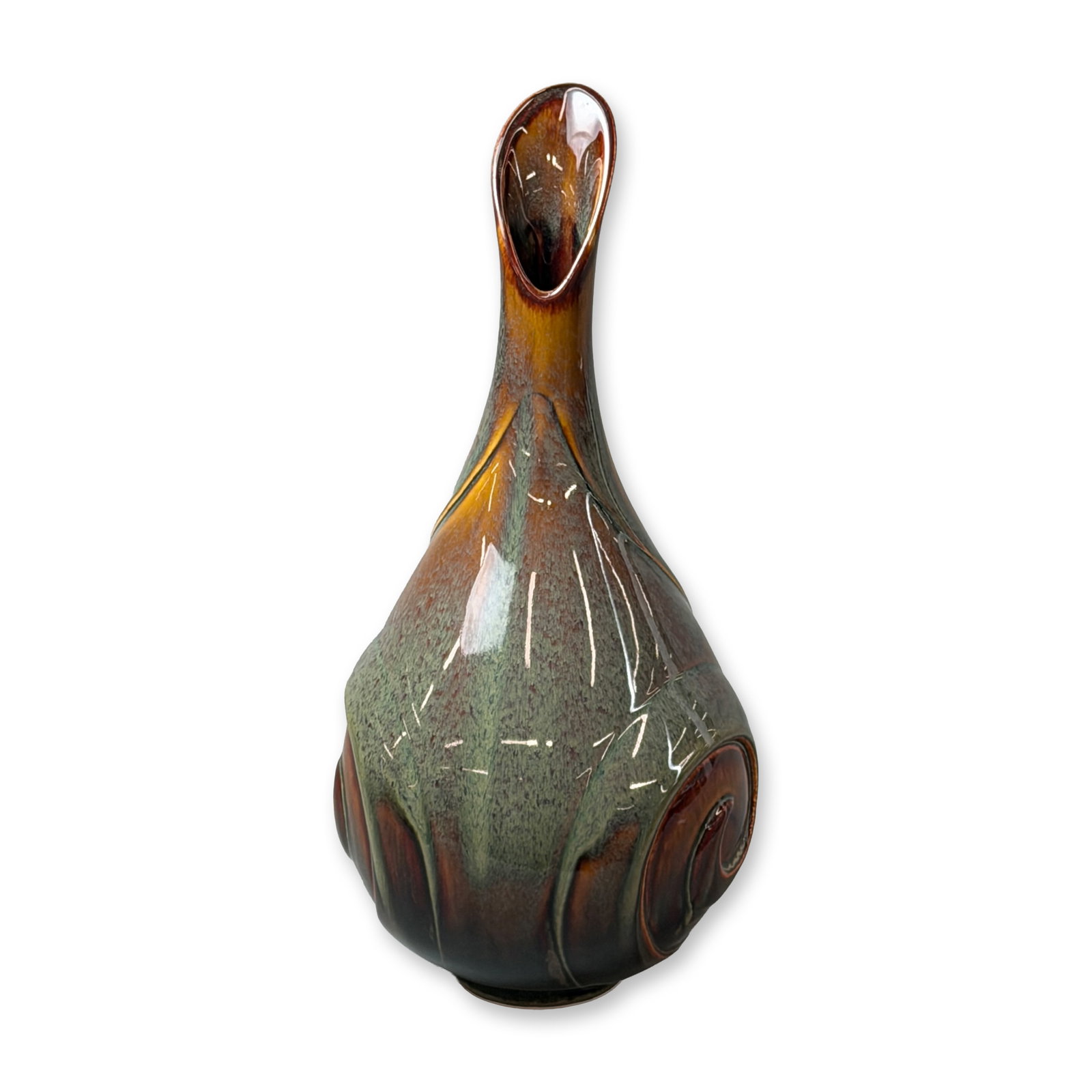 Rookwood Pottery Contemporary Spiral Relief Glazed Ceramic Vase, 2017: A contemporary ceramic vase produced by the Rookwood Pottery Company in 2017. The vessel features a bulbous base that tapers into an elongated, curved neck with a pointed rim. The body is decorated wi