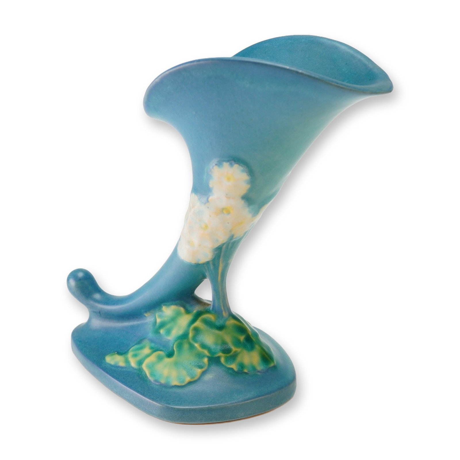 Roseville Pottery Blue Cornucopia Vase, White Rose: This ceramic vessel features a matte blue glaze with molded white floral clusters and green foliage in low relief. The form is a traditional horn-of-plenty with a flared, undulating rim and a curved b