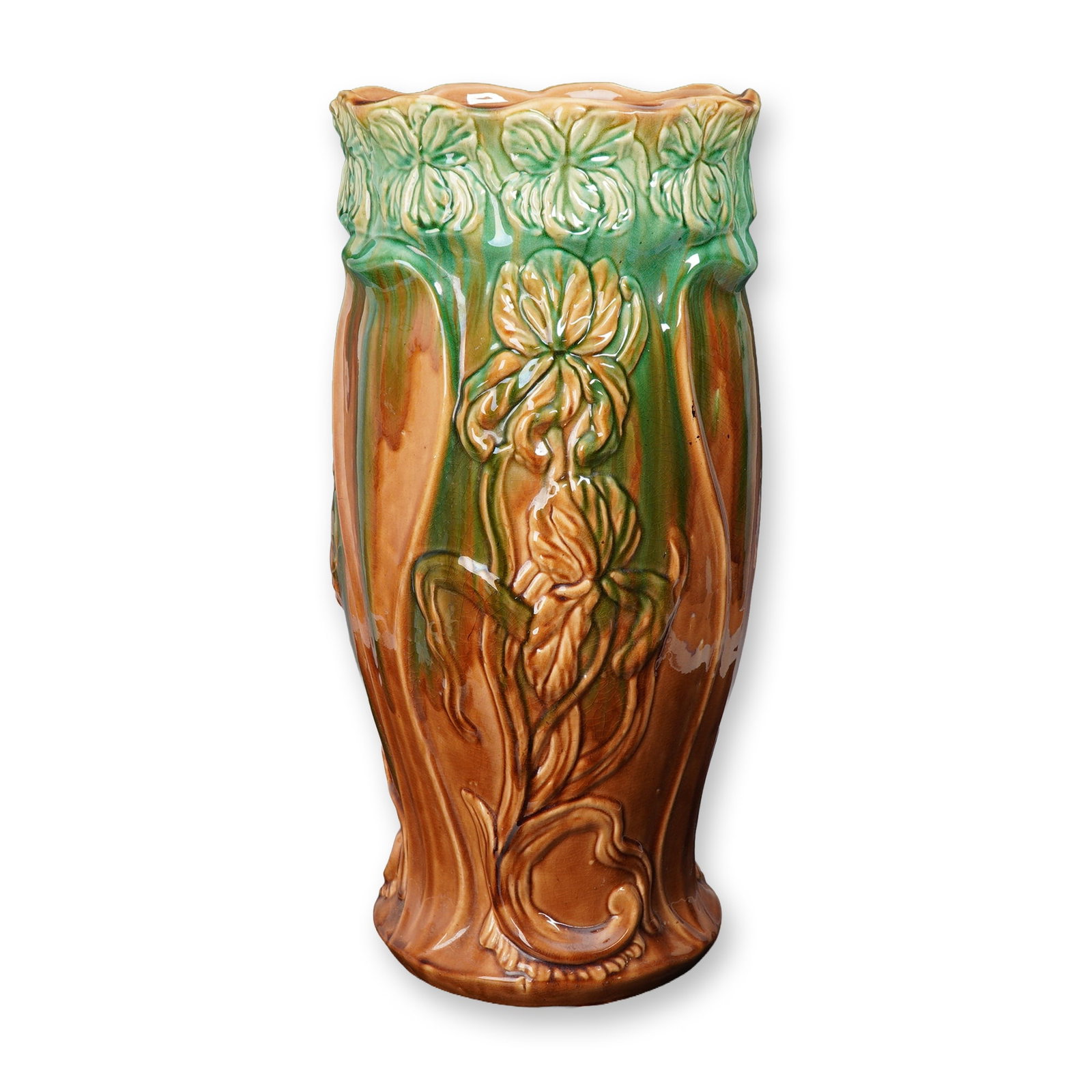 Roseville Pottery Majolica Iris Blended Brown-Green Umbrella Stand (1 of 4)