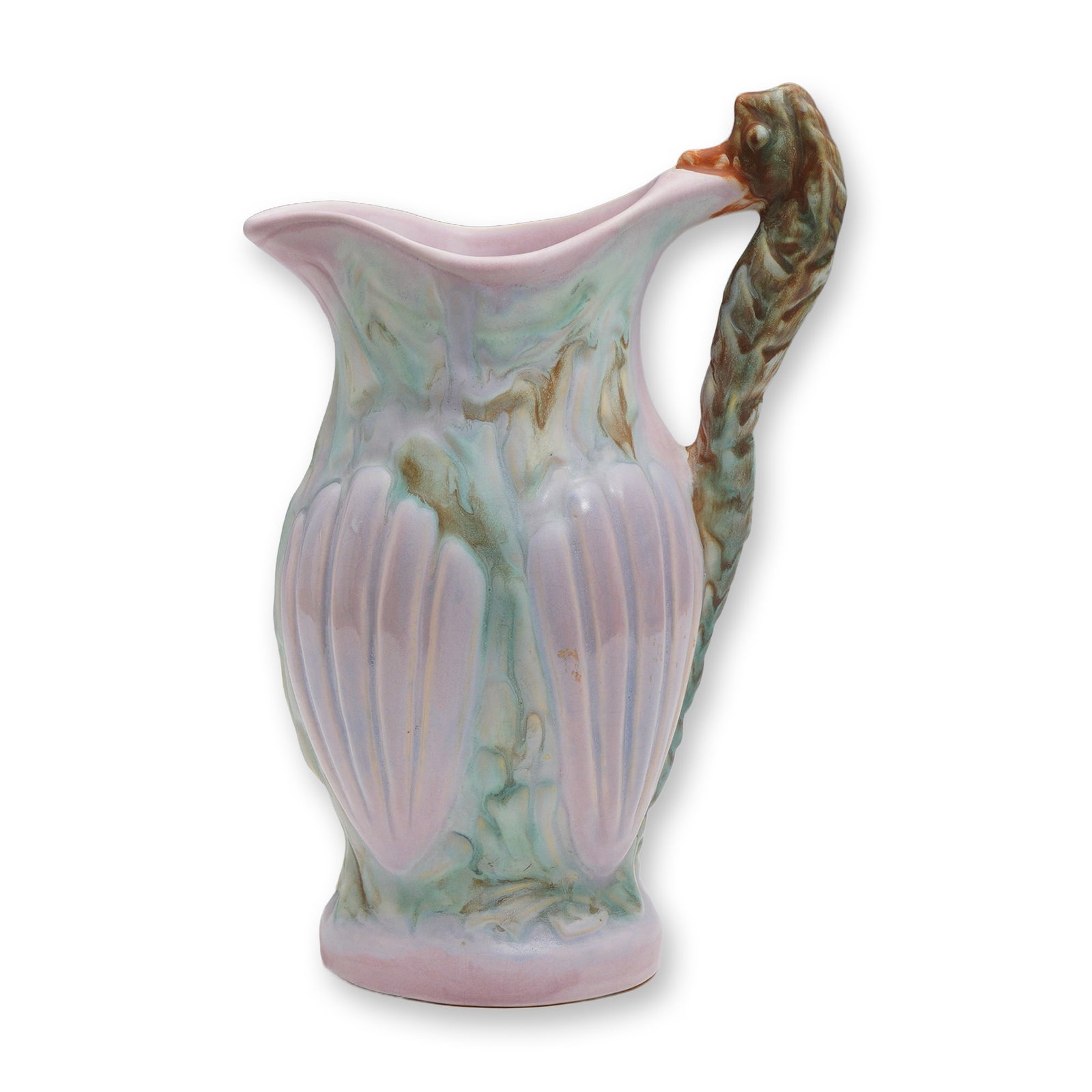 Weller Pottery Sabrinian Ewer with Seahorse Handle: An early Weller Pottery Sabrinian ewer featuring a striking Art Nouveau form with molded shell-like panels and a sculptural seahorse handle extending up the rim. The piece is finished in a flowing pas