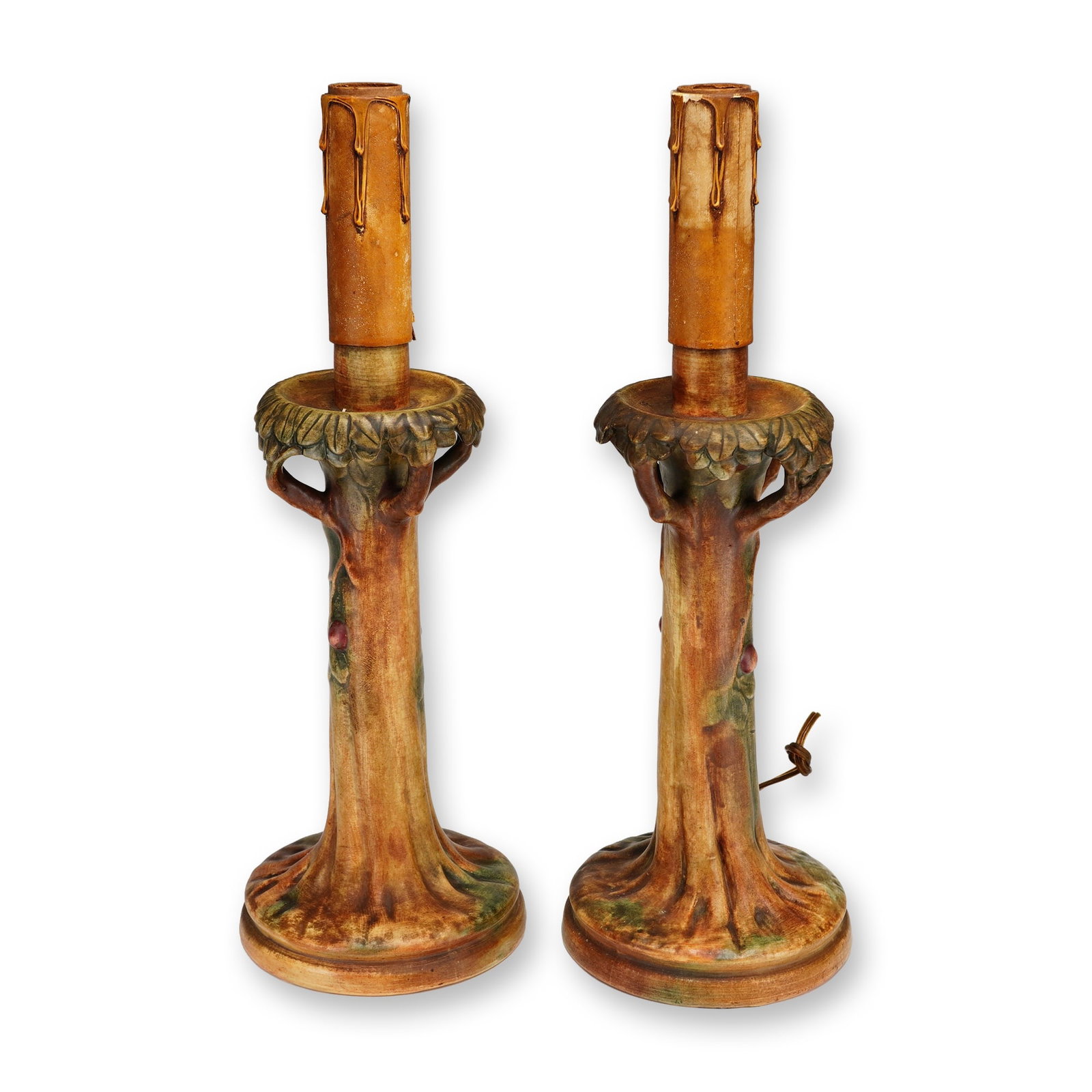 Pair of Weller Pottery Earthenware Tree Trunk Table Lamps, Woodcraft: American Art Nouveau style earthenware table lamps from the Woodcraft line by Weller Pottery, Zanesville, Ohio, circa 1920. Each lamp is modeled as a tapering tree trunk with molded spreading roots at
