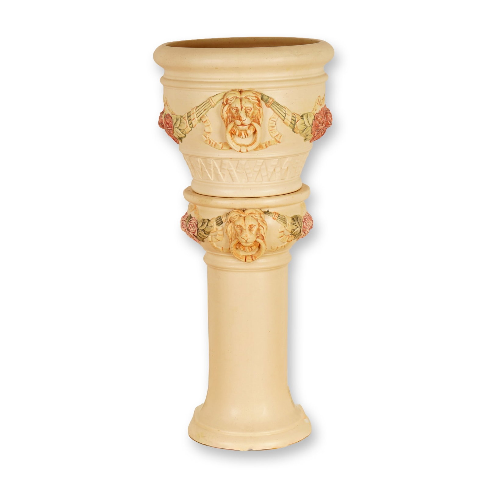 2pc Weller Roma Lion Jardiniere with Pedestal: An impressive two-piece Weller Pottery jardiniere and pedestal from the celebrated Roma line, featuring classic neoclassical design elements. The cream color matte glaze serves as a refined backdrop f
