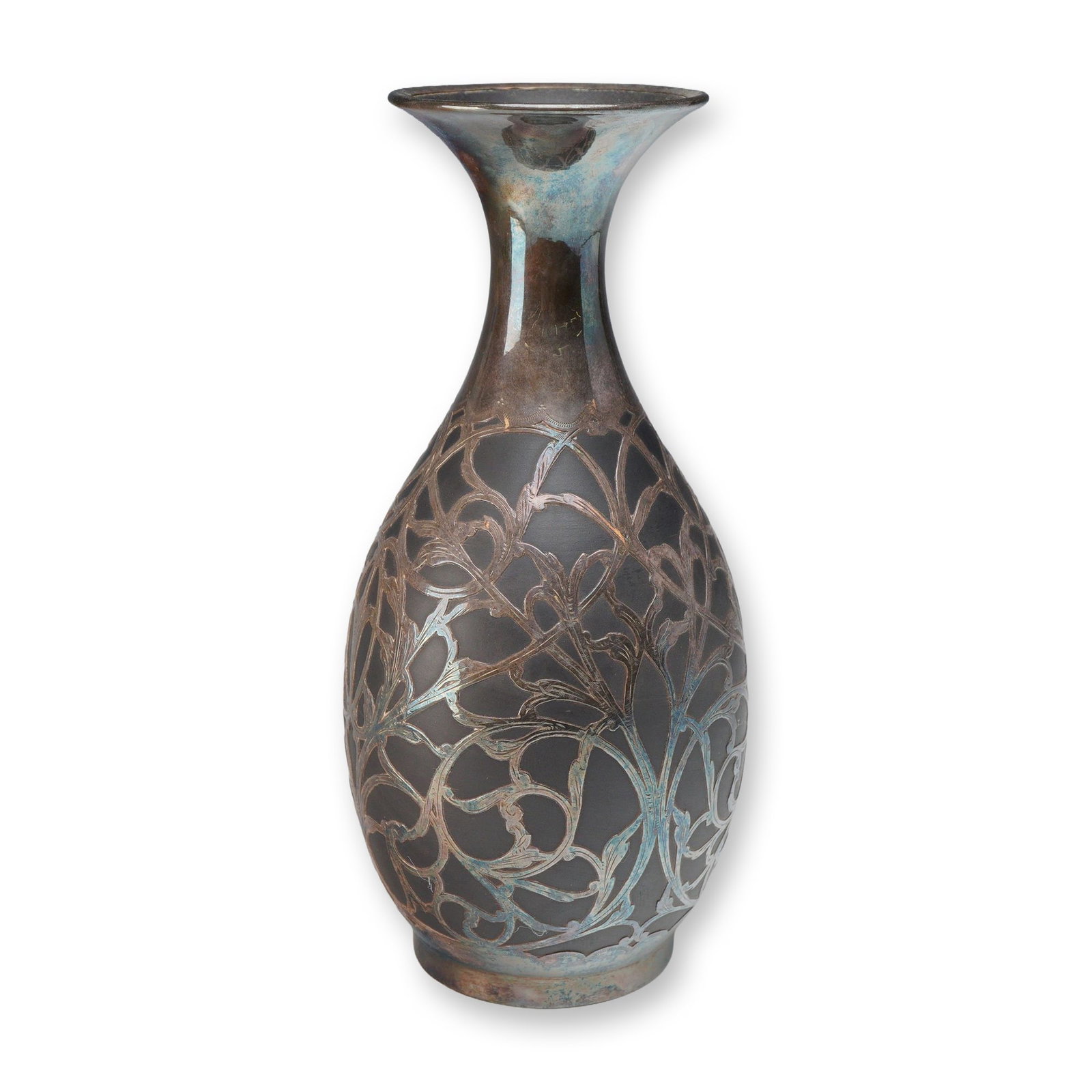 Wedgwood Black Basalt Silver Overlay Vase: This Wedgwood black basalt stoneware vase features an ovoid body that tapers to a tall, flared trumpet-shaped neck and rests on a small, circular flared foot. The exterior of the vase is decorated wit