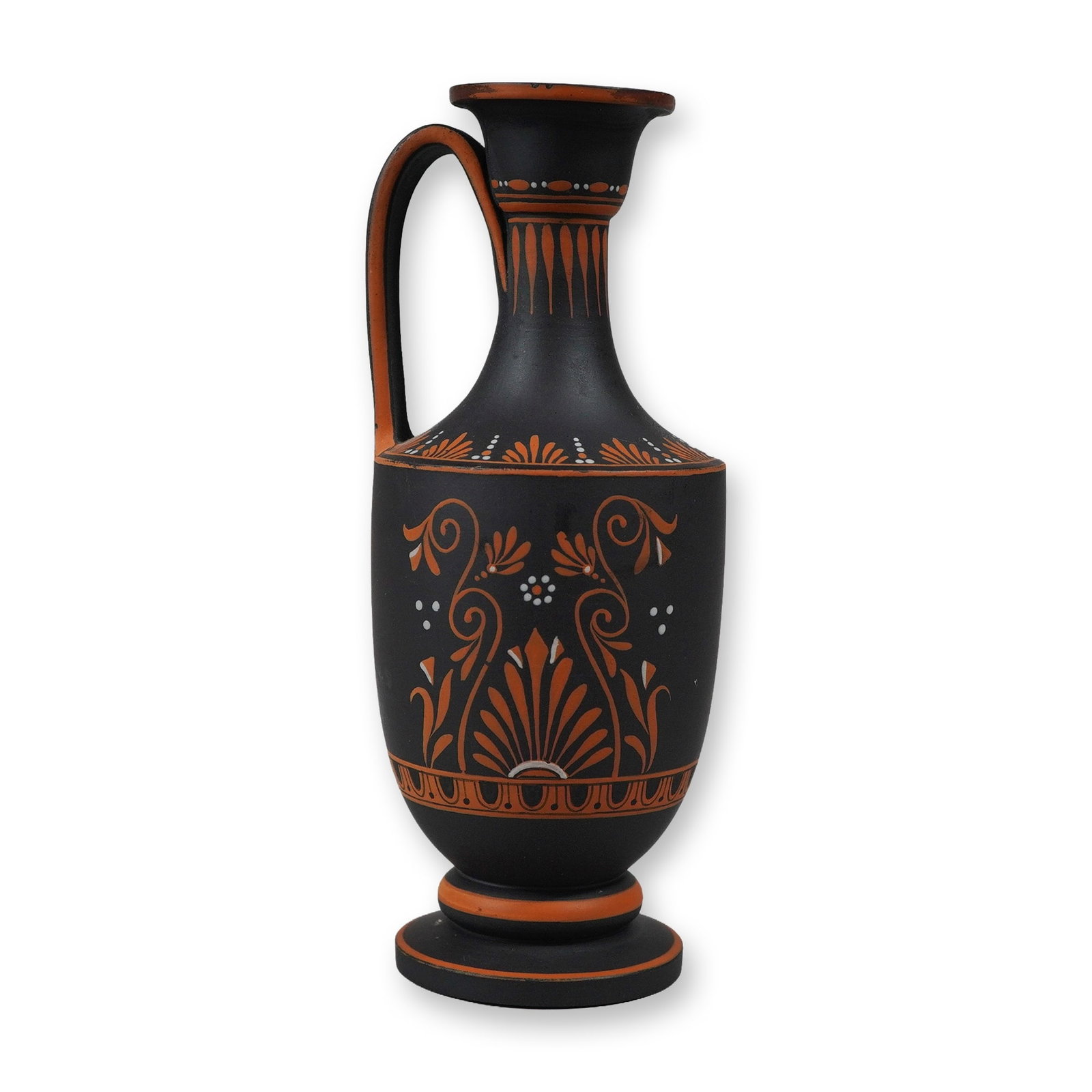 Wedgwood Black Basalt Encaustic Decorated Lekythos: A Wedgwood black basalt stoneware jug in the form of an ancient Greek lekythos featuring encaustic slip decoration. The vessel is finished with a matte black ground and decorated with terracotta and w
