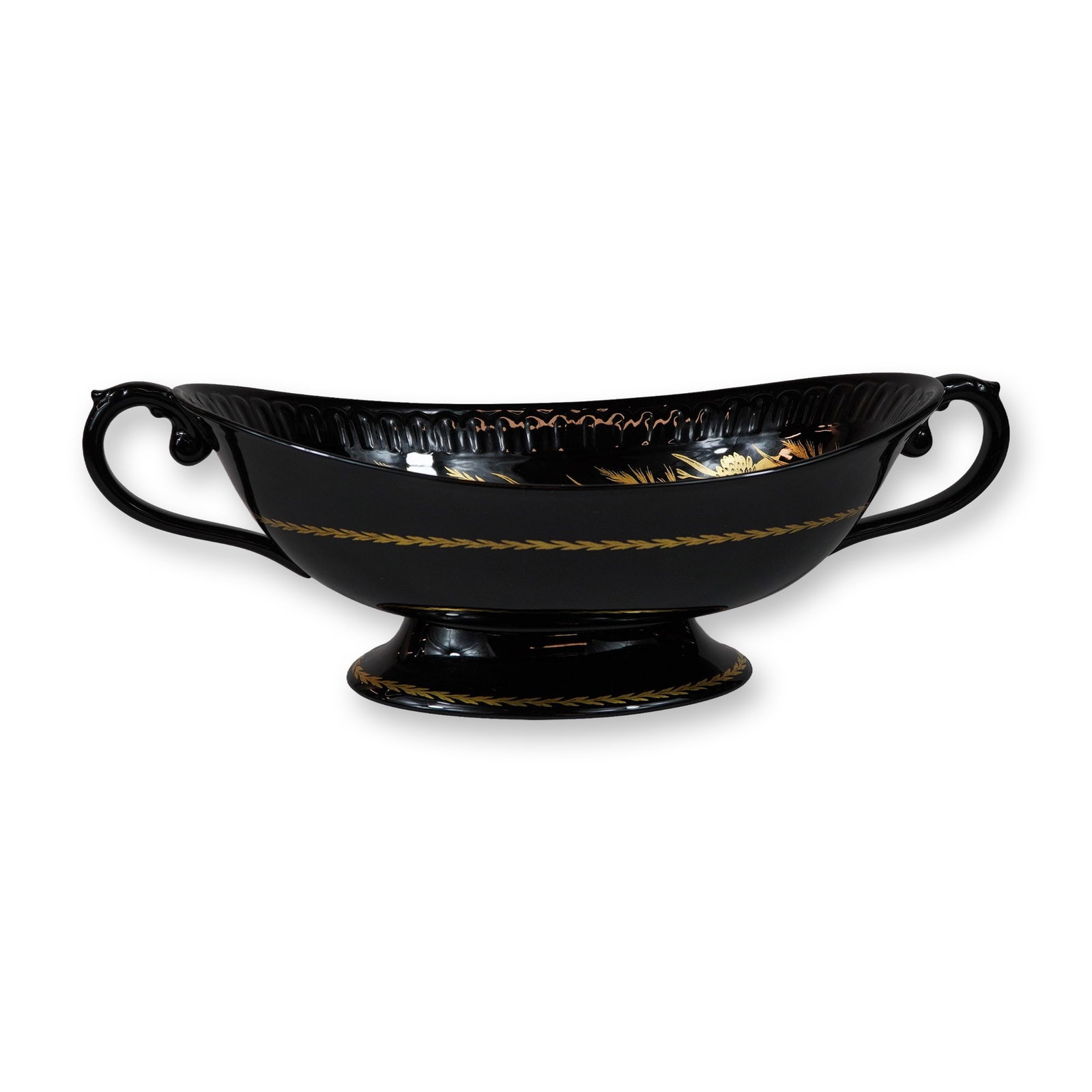 Wedgwood Glazed Black Basalt and Gilt Navette Centerpiece Bowl: This navette-shaped centerpiece bowl is manufactured from Wedgwood black basalt stoneware with a glossy glazed finish. The boat-shaped vessel is supported by an oval pedestal foot and features two scr