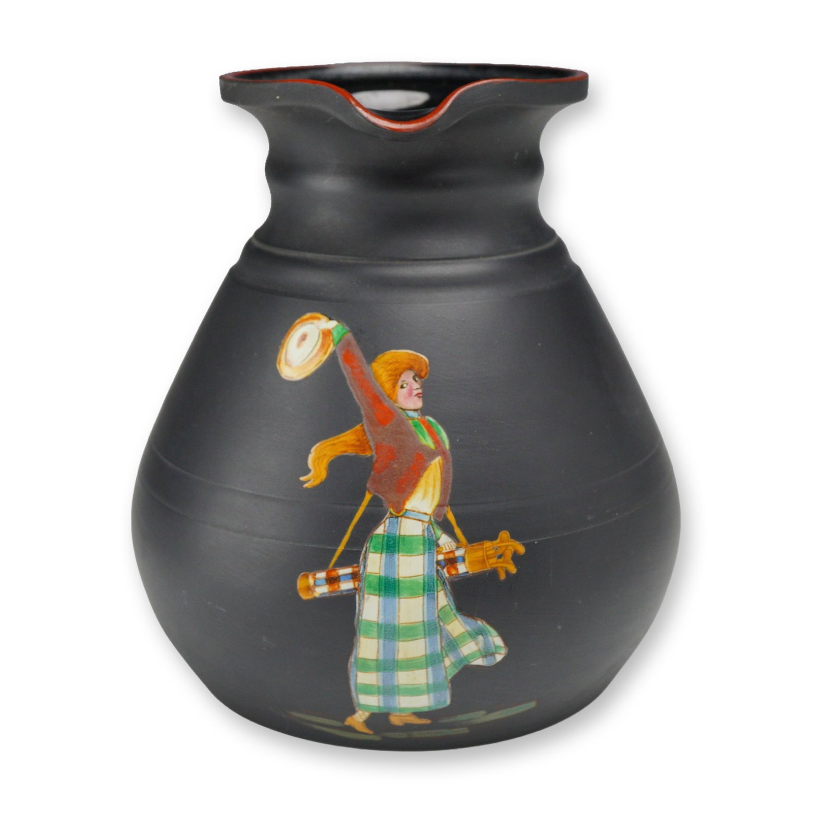 Wedgwood Kenlock Ware Black Basalt Sporting Jug with Female Golfer: This Wedgwood Kenlock Ware jug is made of matte black basalt stoneware. The piece features a bulbous body that tapers to a curved neck and a flared rim with an integrated spout. A wide strap handle is