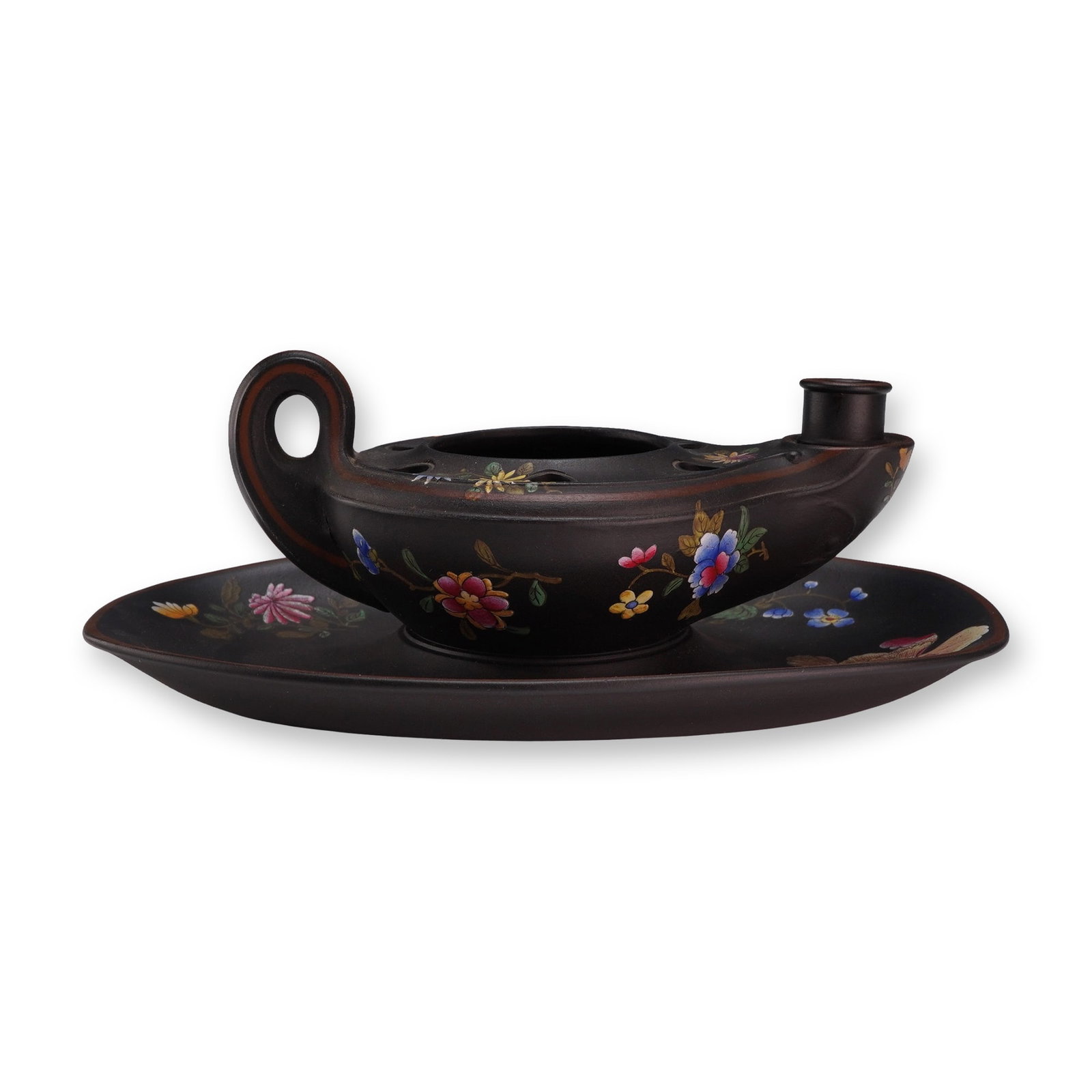 Wedgwood Polychrome Enameled Black Basalt Oil Lamp and Stand, ca. 1820: This Wedgwood black basalt oil lamp and matching oval stand date to circa 1820. The lamp is modeled in a classical form featuring a high looped handle and a raised circular wick holder. The set is cra