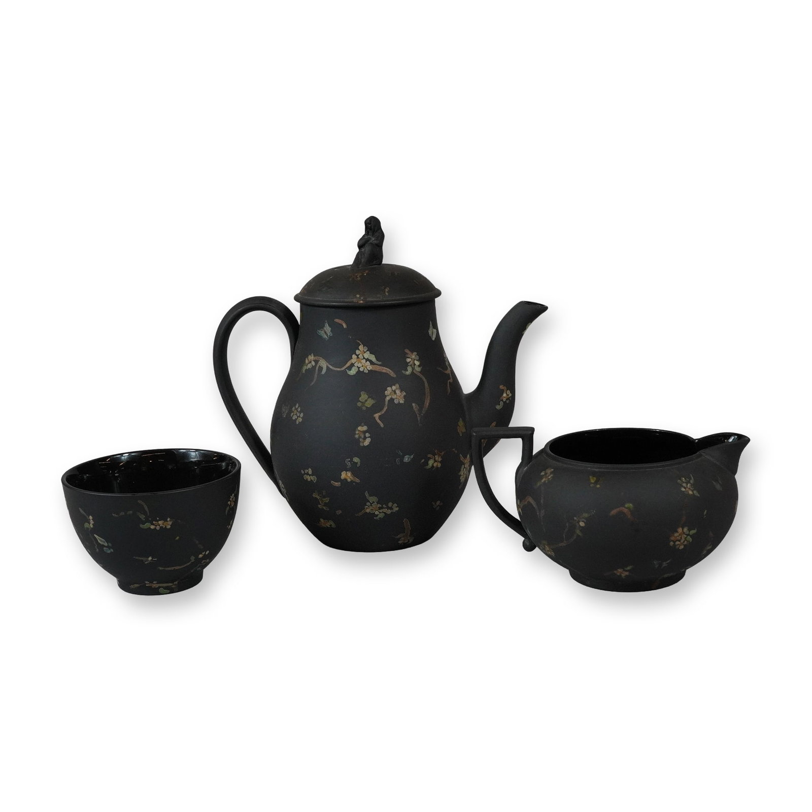 3pc Wedgwood Black Basalt Hand Painted Floral Tea Set (1 of 4)