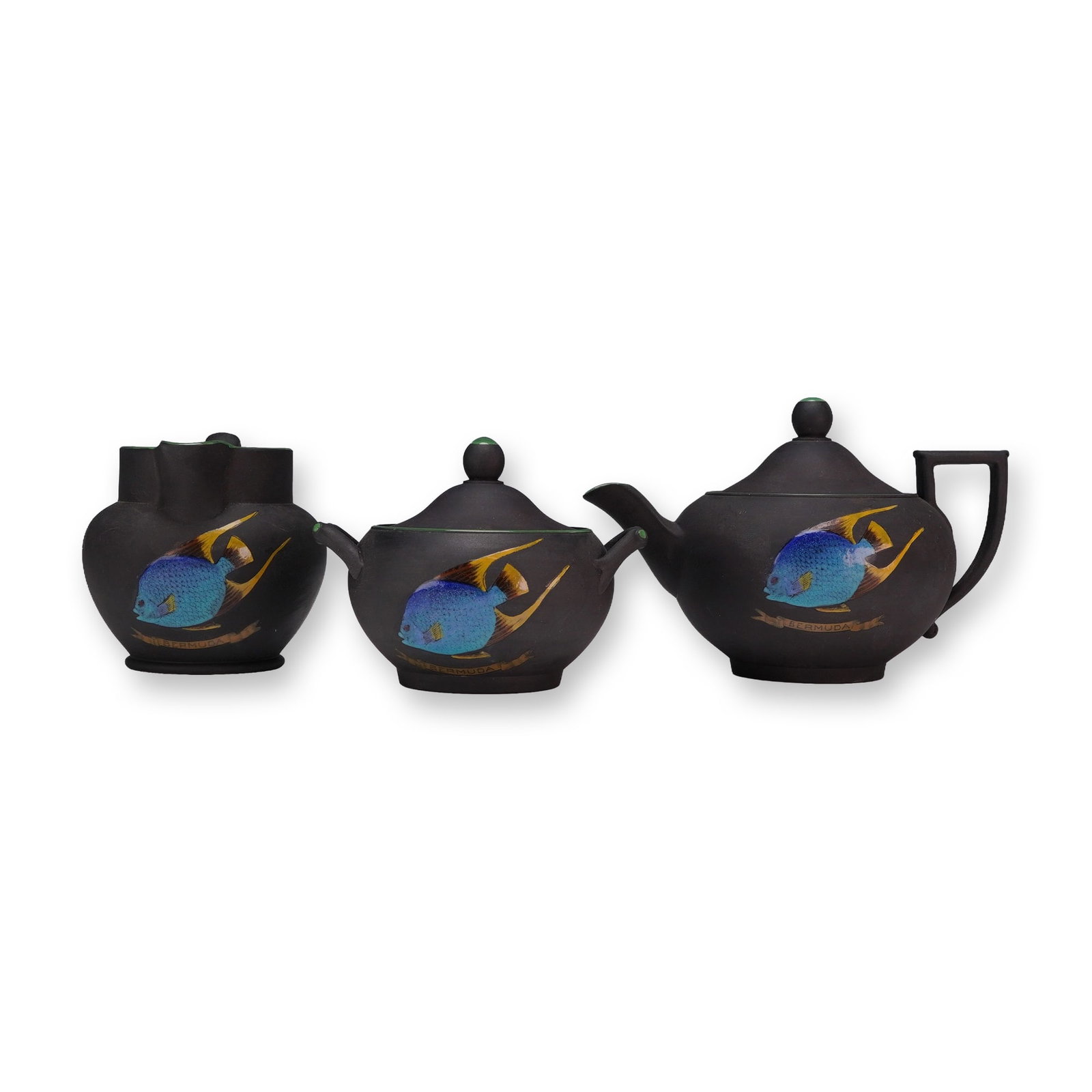 Lot of 3 Wedgwood Black Basalt Single Serve Tea Service, Bermuda Pattern: This set of three Wedgwood black basalt stoneware pieces features the Bermuda pattern. The collection includes a lidded teapot, a lidded pot (sugar bowl), and a cream jug. Each piece is characterized 