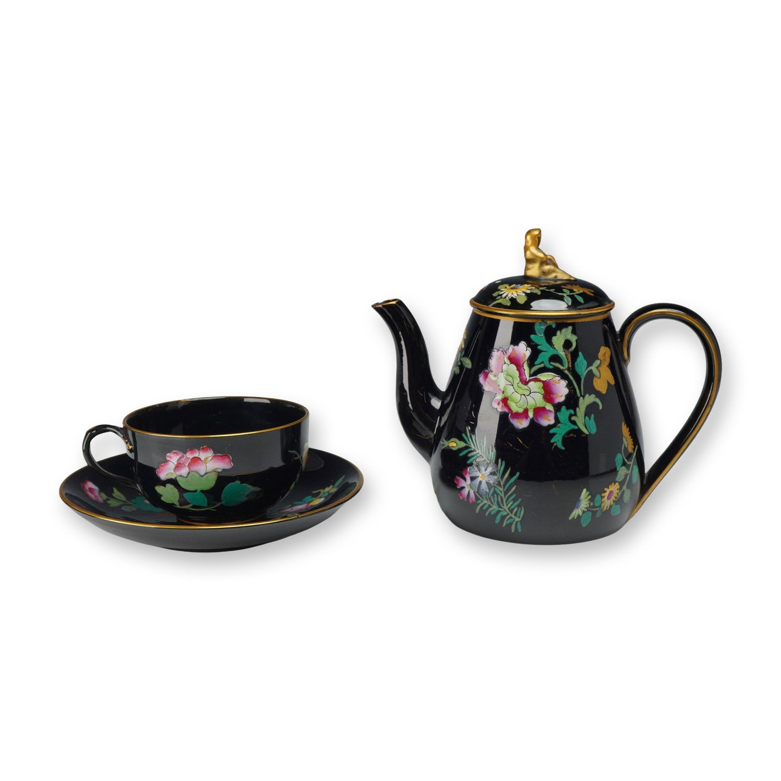 Three-Piece Wedgwood Black Basalt Enameled Tea Set Circa 1877 (1 of 3)