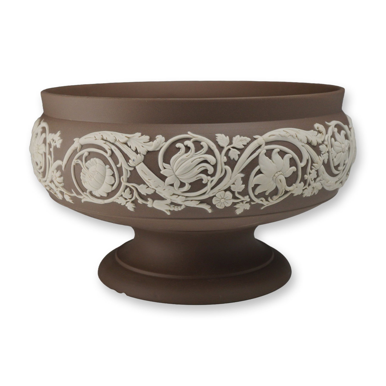 Wedgwood Limited Edition Taupe Jasperware Arabesque Bowl Signed 2004: This Wedgwood jasperware pedestal bowl is from The Noble Line of Wedgwood collection and is designated as the Arabesque Bowl. The piece is crafted from stoneware with a matte taupe jasper dip finish, 