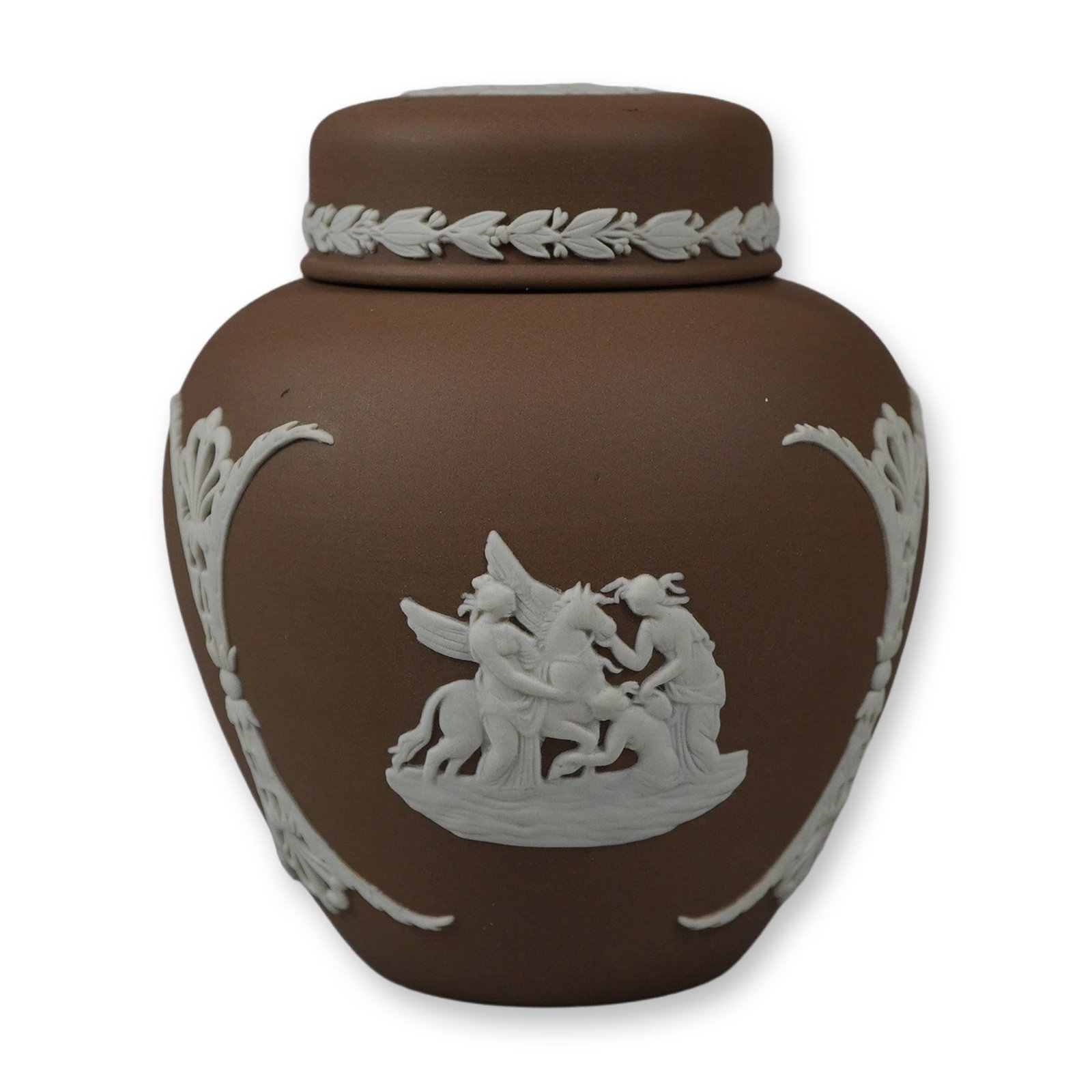 Wedgwood Brown and White Jasperware Lidded Ginger Jar: This is a Wedgwood lidded jar crafted from brown and white Jasperware, a color variant often referred to by collectors as taupe. The vessel is made of a fine-grained, unglazed vitreous stoneware with 