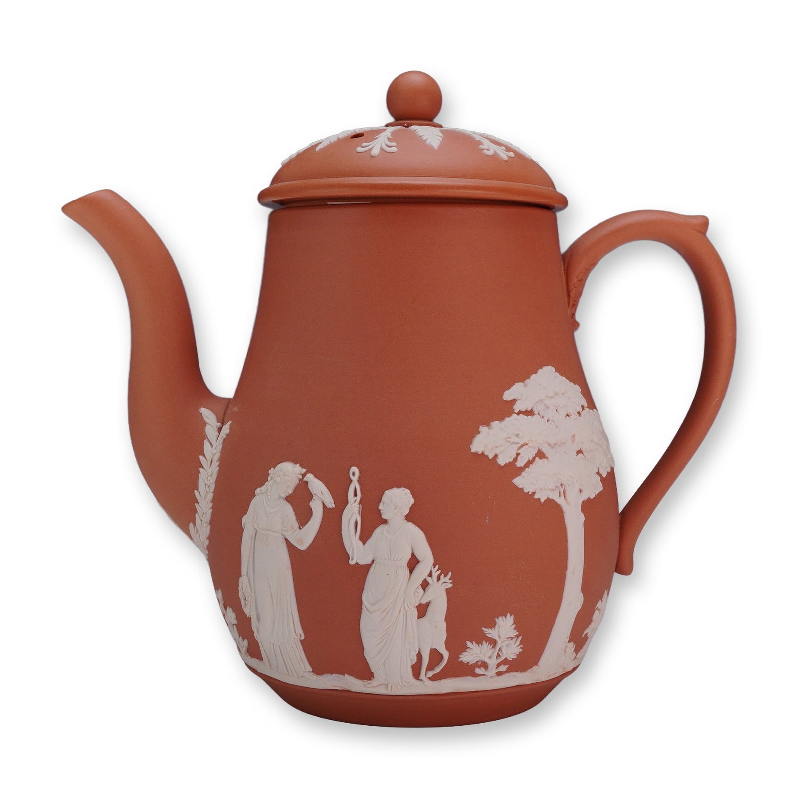 Wedgwood Terracotta Jasperware Lidded Teapot: A 1957 Wedgwood terracotta jasperware lidded teapot featuring cream-colored neoclassical bas-relief sprigged decoration. This vessel, from the Cream Color on Terra Cotta line, features a tall, tapered