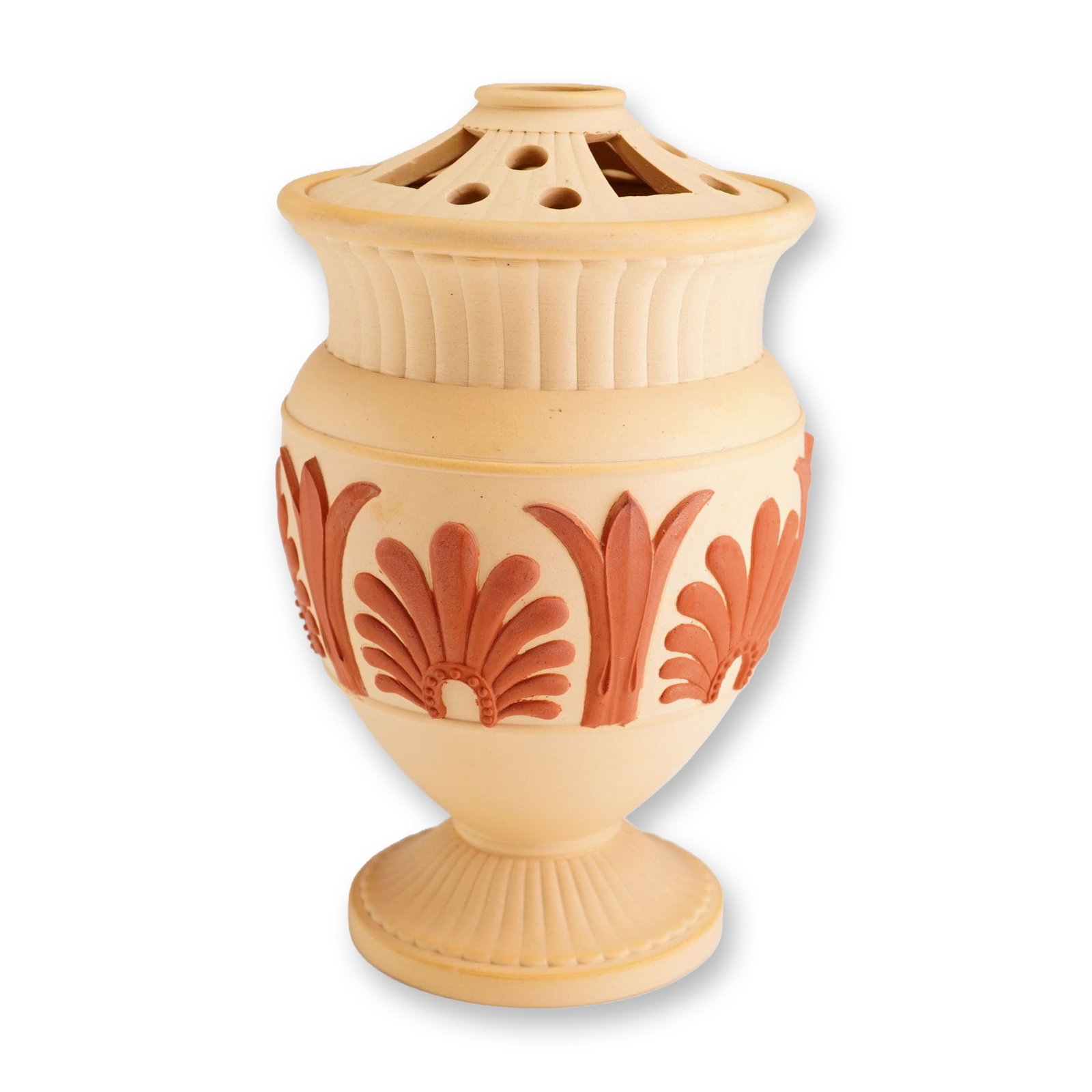 Wedgwood Primrose Yellow and Terracotta Jasperware Potpourri Vase, ca. 1805: This Wedgwood jasperware potpourri vase and cover features a primrose yellow body with applied terracotta-colored reliefs. Dated to approximately 1805, the vessel is of ovoid form set upon a fluted pe