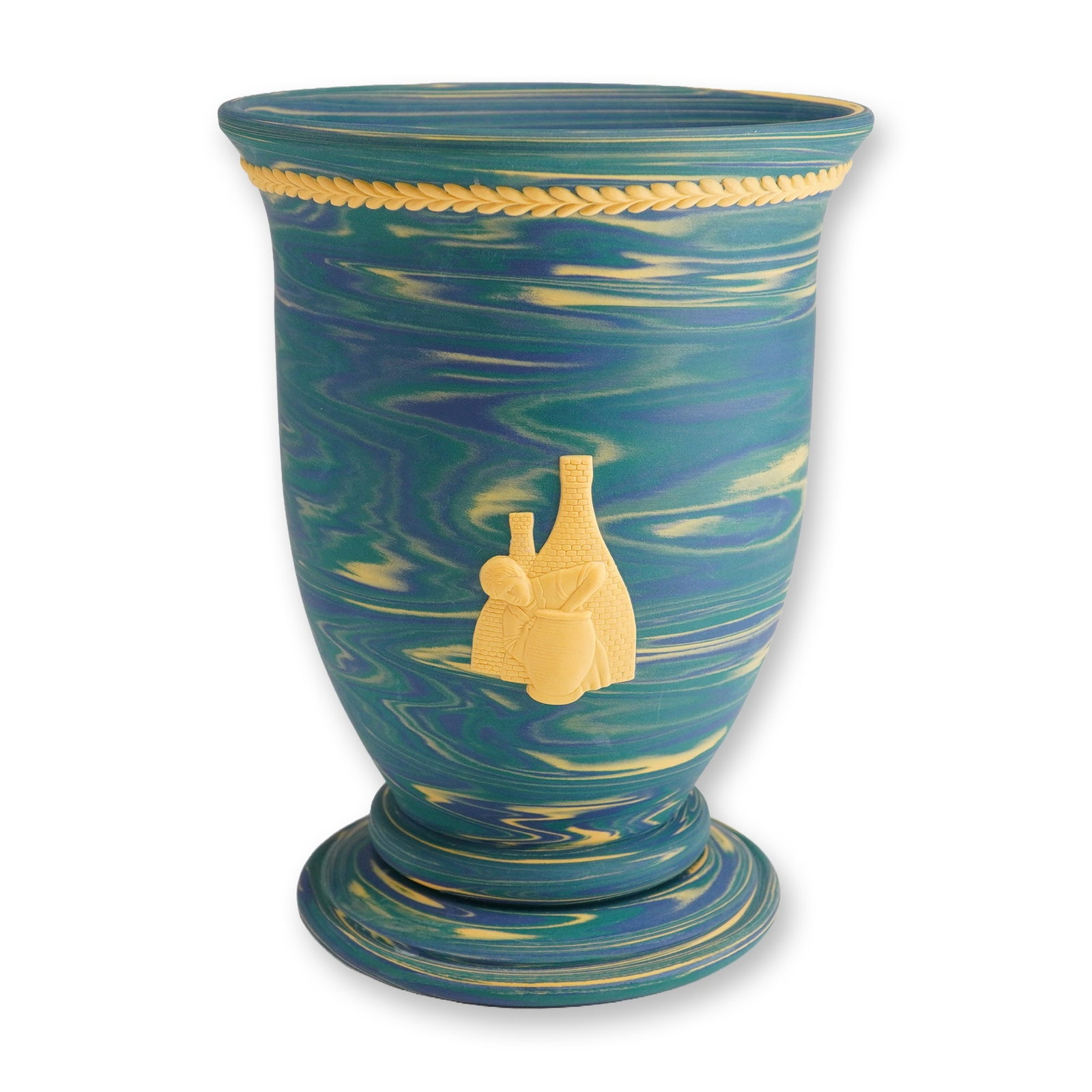 Wedgwood Marbled Jasperware Vase Designed by Mike Hugues: This Wedgwood jasperware vase features a variegated agate stoneware body designed by Mike Hugues. The body is constructed from swirled teal, blue, and yellow colored clays to create a marbled effect. 
