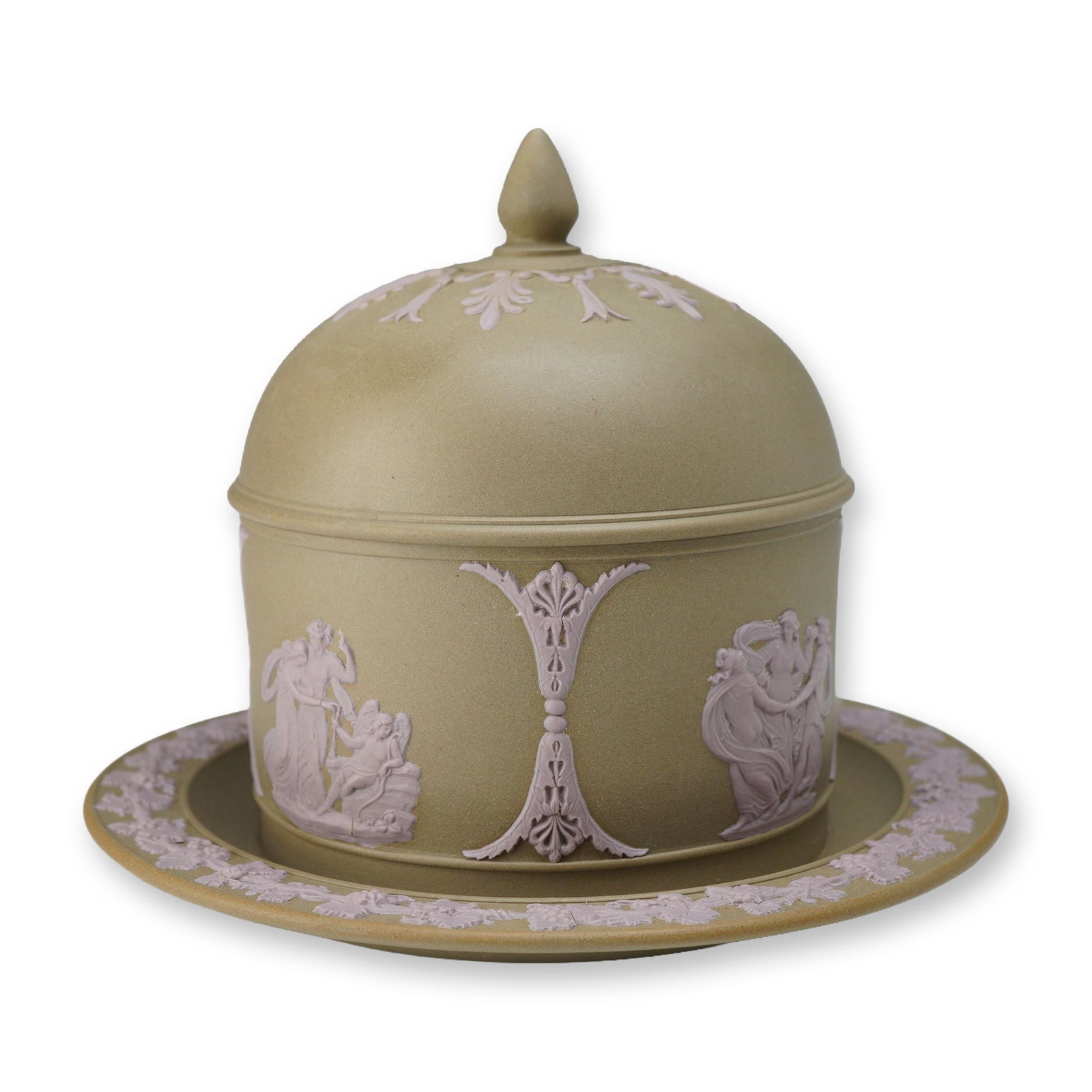 Wedgwood Olive and Lilac Jasperware Two-Piece Covered Dish with Attached Underplate, circa 1820: This two-piece jasperware set is a stamped Wedgwood covered dish, dating to circa 1820. The set consists of a high-domed lid with a pointed finial, a deep cylindrical dish with an attached wide-rimmed