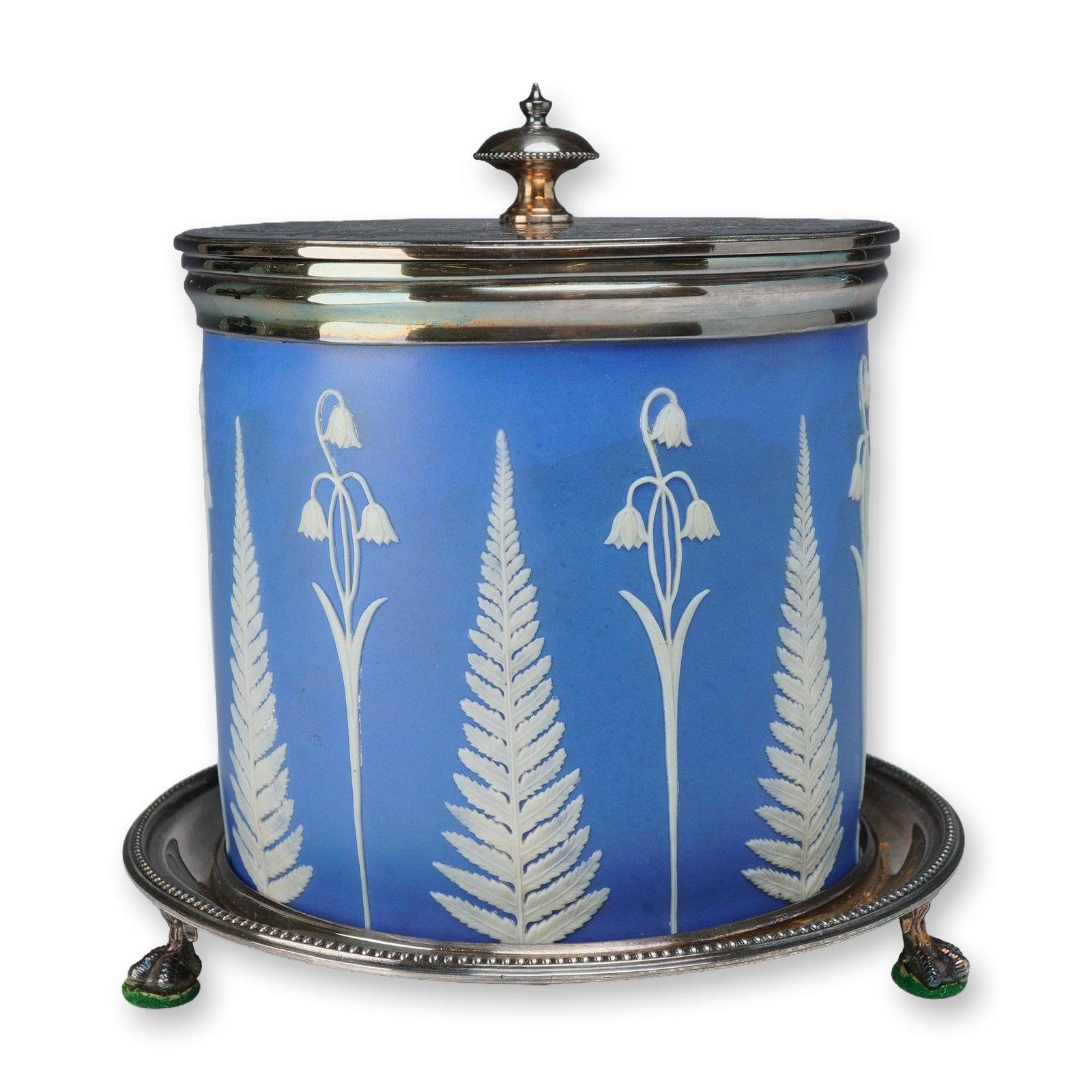 Wedgwood England Blue Jasperware Biscuit Barrel with Inscribed Silver-Plated Lid and Stand (1 of 3)