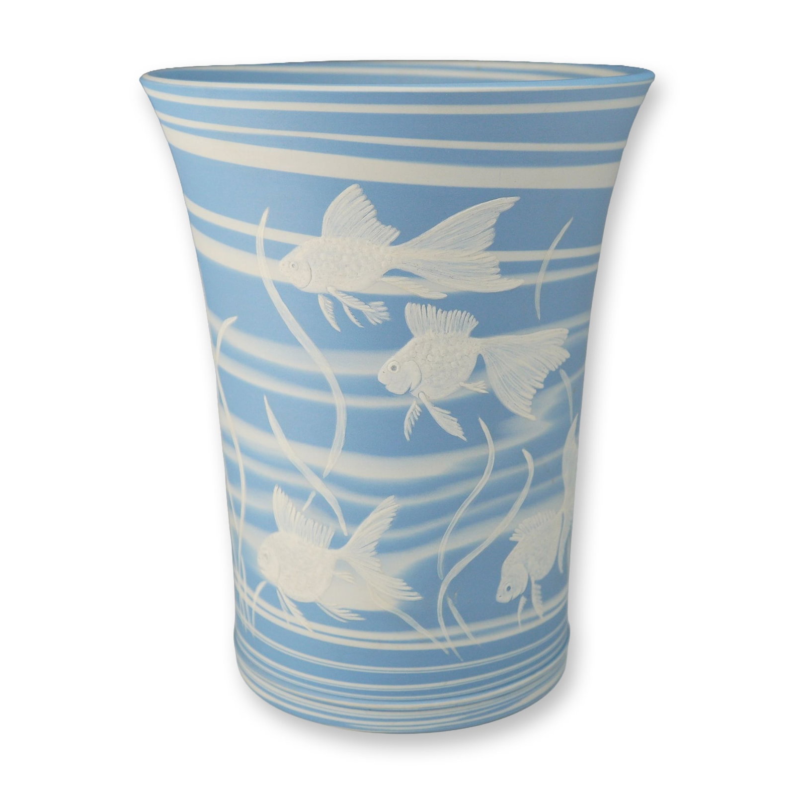 Wedgwood Cameo-Carved Jasperware Goldfish Vase: A Wedgwood jasperware vase featuring a flared, cylindrical form with a variegated agate-style body of alternating horizontal bands in light blue and white. The exterior surface is decorated with intri