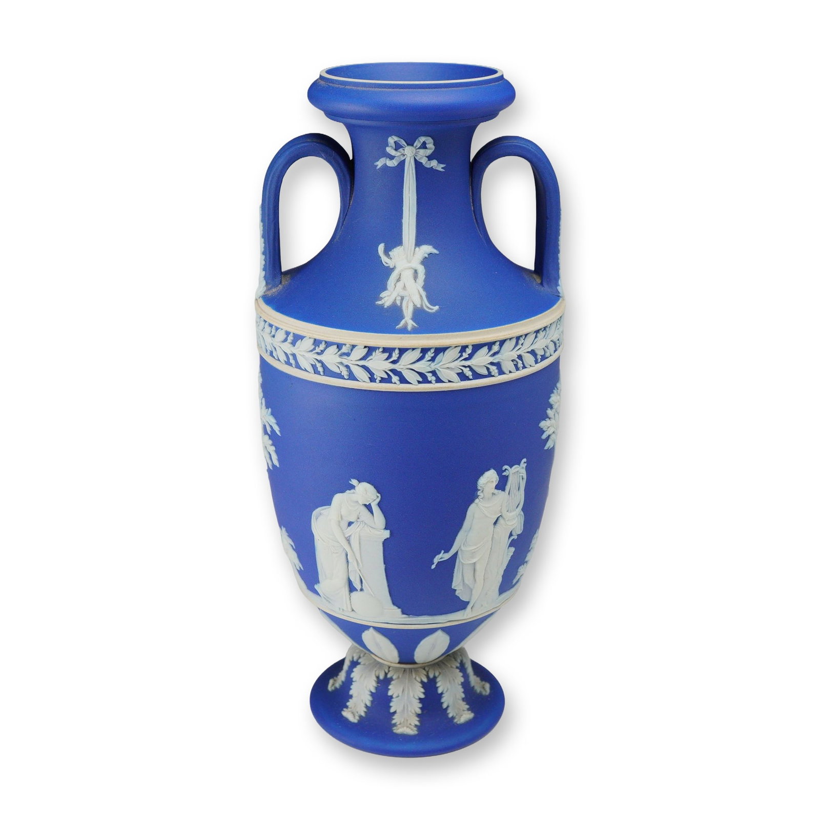 Wedgwood Cobalt Blue and White Jasperware Twin-Handled Apollo and Muses Vase: This Wedgwood blue and white jasperware vase with double handles features a classic amphora form with a flared rim and a footed base. The vessel is constructed of matte-finish cobalt blue stoneware de