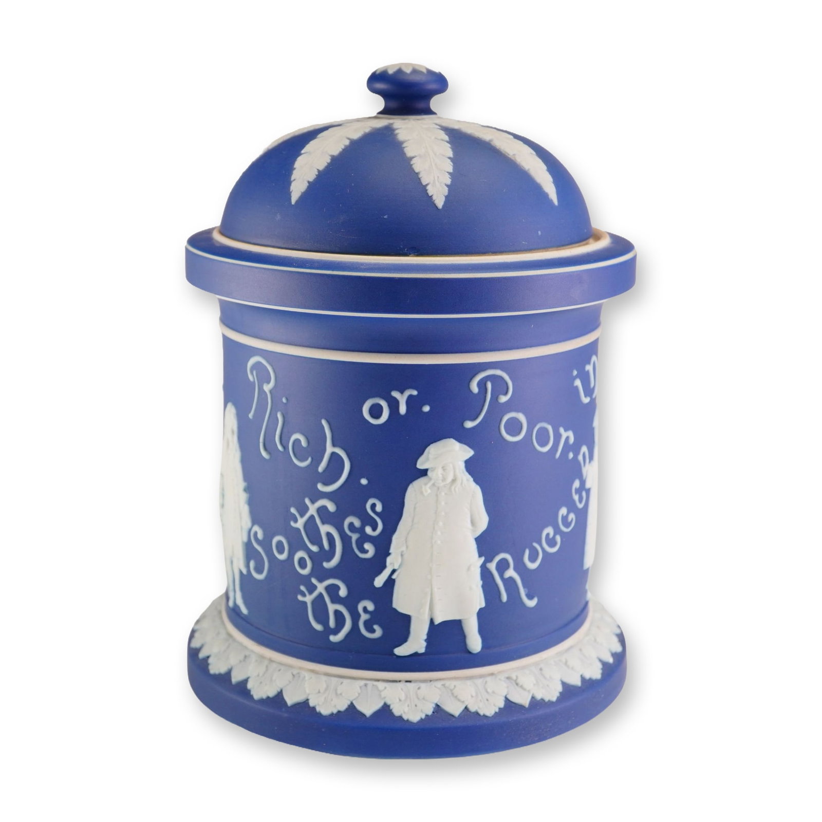 Wedgwood Dark Blue Jasperware Lidded Tobacco Jar: This cylindrical lidded jar is crafted in Wedgwood dark blue jasperware, featuring sprigged white relief decoration on a matte cobalt blue ground. The body is decorated with three figures of 18th-cent