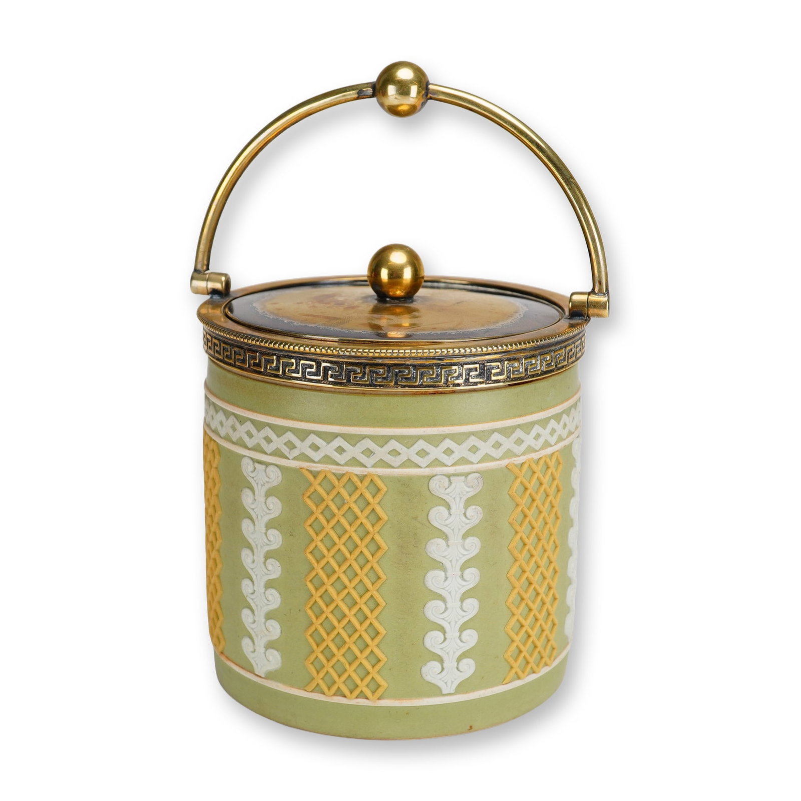 Wedgwood Tri-color Jasperware Biscuit Barrel with Metal Mounts: This Wedgwood tri-color jasperware biscuit barrel features a cylindrical form crafted from fine-grained sage green dipped stoneware. The exterior is decorated with applied relief sprigged ornamentatio