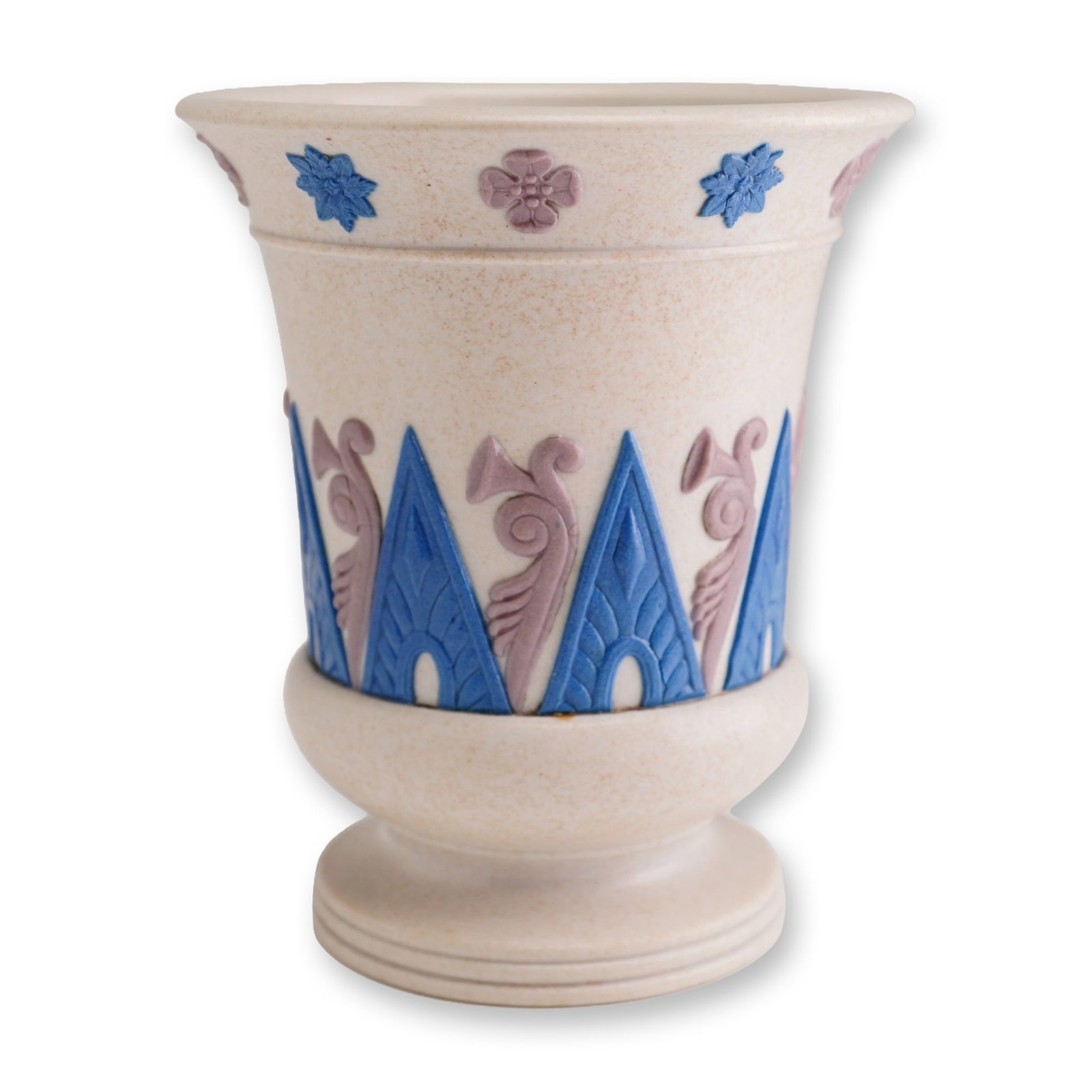 Wedgwood Early 19th Century Smear Glaze Tricolor Jasperware Miniature Campana Urn: This miniature campana-form urn was produced by the Wedgwood factory and dates to the early 19th century, circa 1820. The vessel is crafted from an off-white stoneware featuring a smear glaze finish w