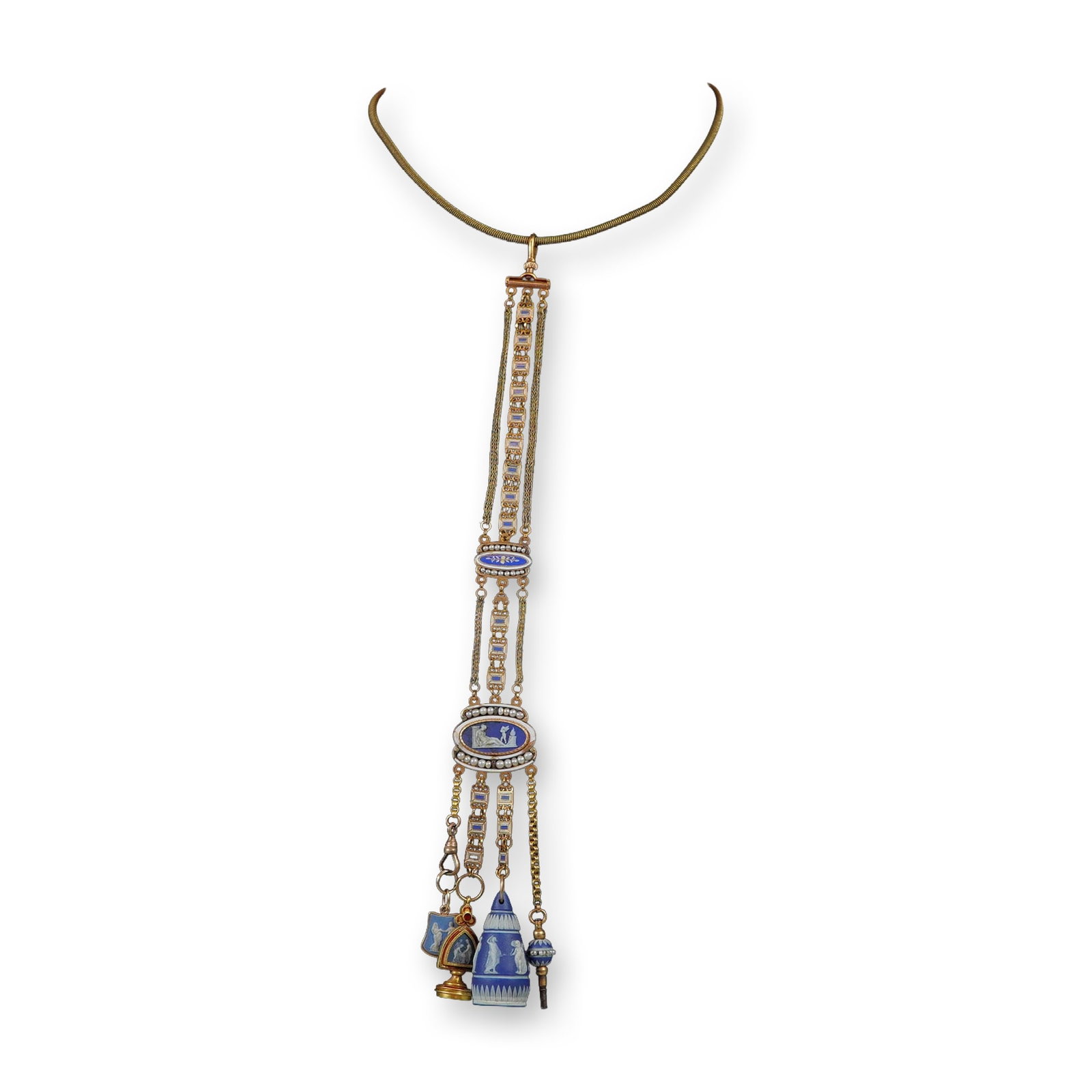 14 Karat Gold and Wedgwood Jasperware Chatelaine Style Necklace: This neoclassical revival necklace is designed in a tiered chatelaine-inspired style featuring multiple blue and white jasperware elements. The main collar consists of a flexible round snake style cha
