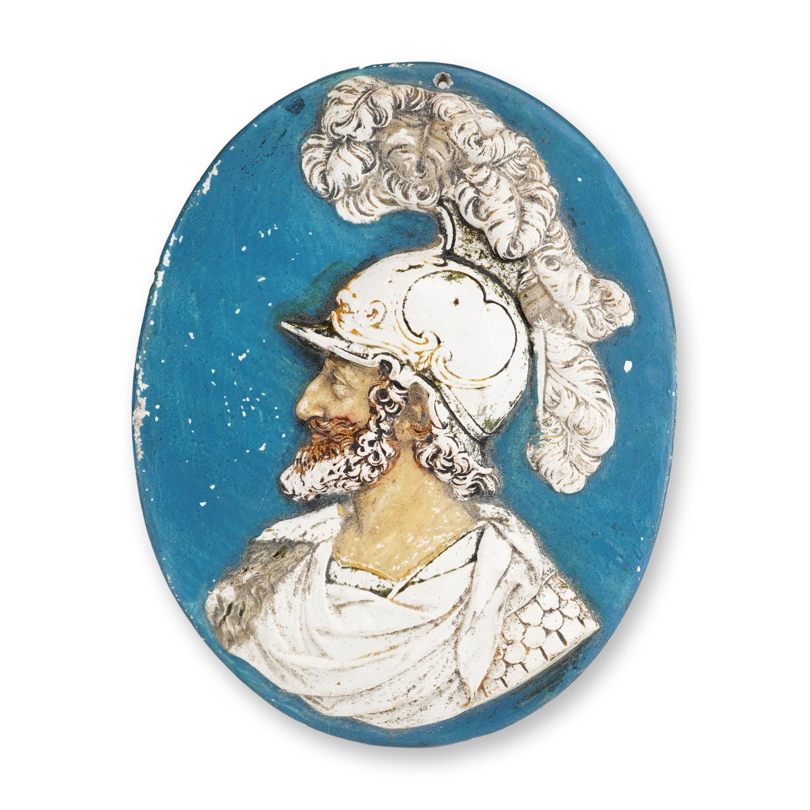 Wedgwood Polychrome Jasperware Portrait Medallion of Philip of Macedonia, ca. 1800: This Wedgwood jasperware portrait medallion features an oval form with a sprigged relief of Philip of Macedonia shown in profile. The white relief figure is enhanced with polychrome enamel colors, inc
