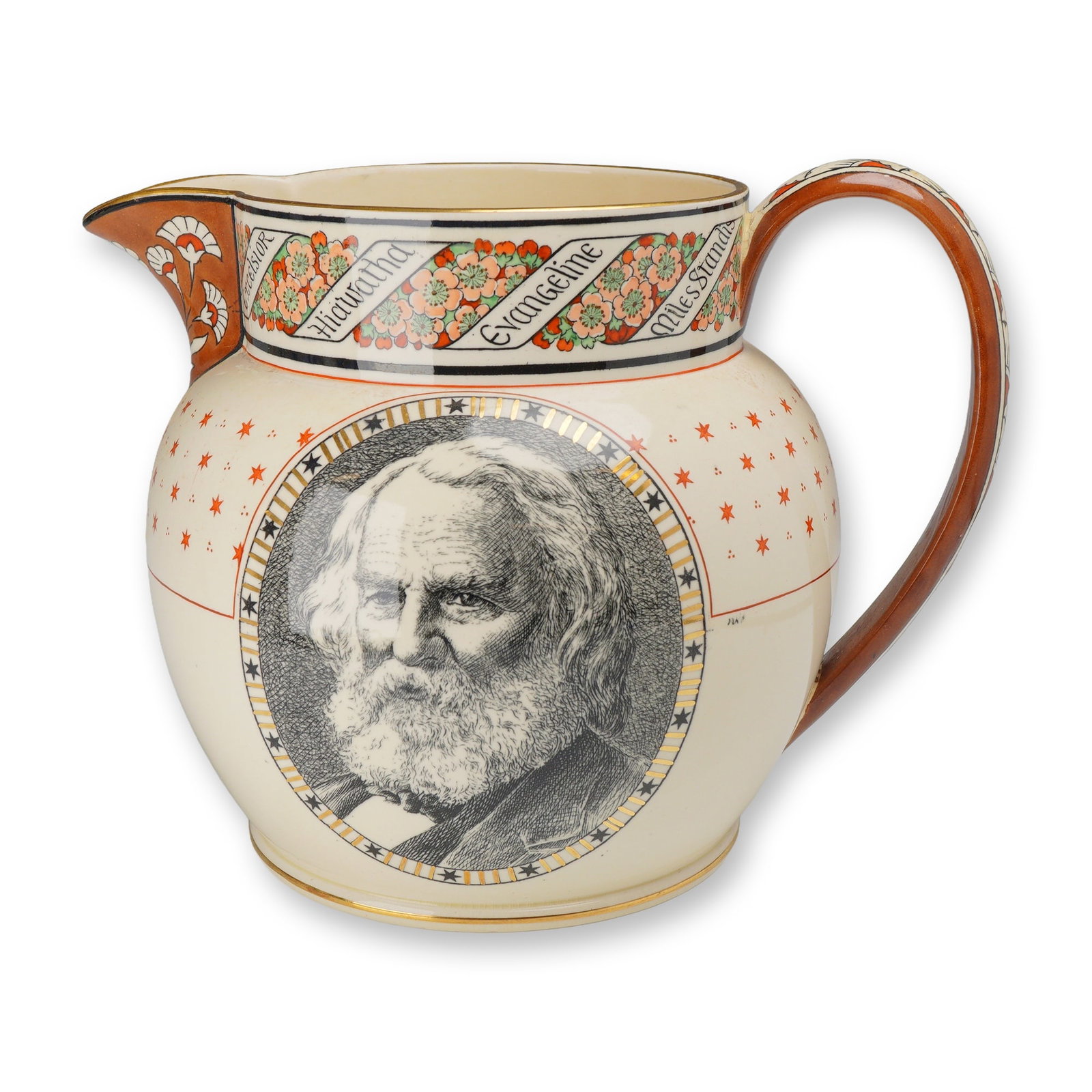 Josiah Wedgwood and Sons Commemorative Longfellow Pitcher for Richard Briggs, Boston, ca. 1880: This Josiah Wedgwood and Sons creamware commemorative pitcher was produced circa 1880 to honor the American poet Henry Wadsworth Longfellow. Commissioned by the prominent Boston retailer Richard Brigg