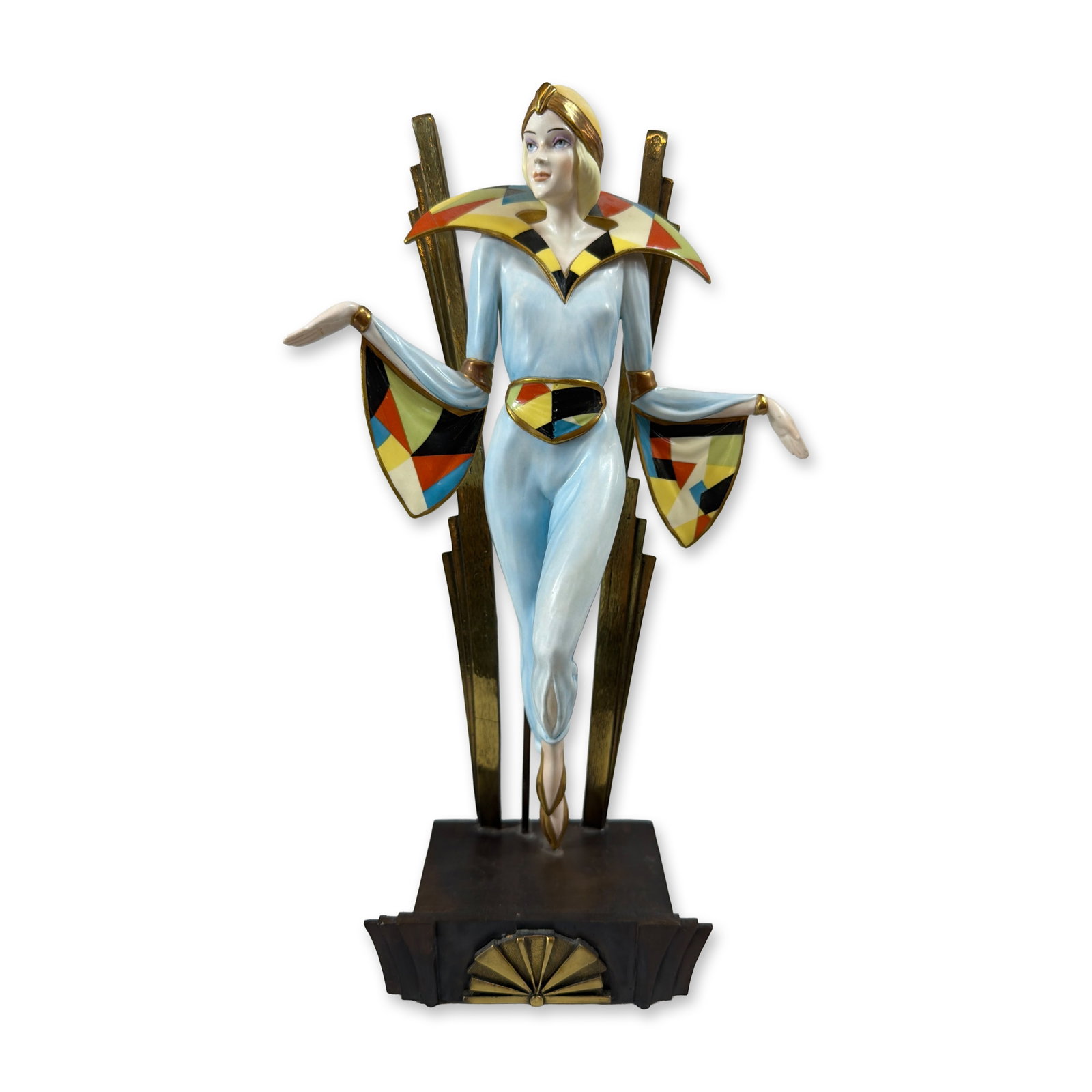 Albany Fine China Art Deco Style Zena Figurine: Albany Fine China Art Deco revival porcelain figurine titled Zena, designed and modeled by Gregory Rose. The figure is depicted in a dynamic leaning pose, wearing a powder blue jumpsuit with a