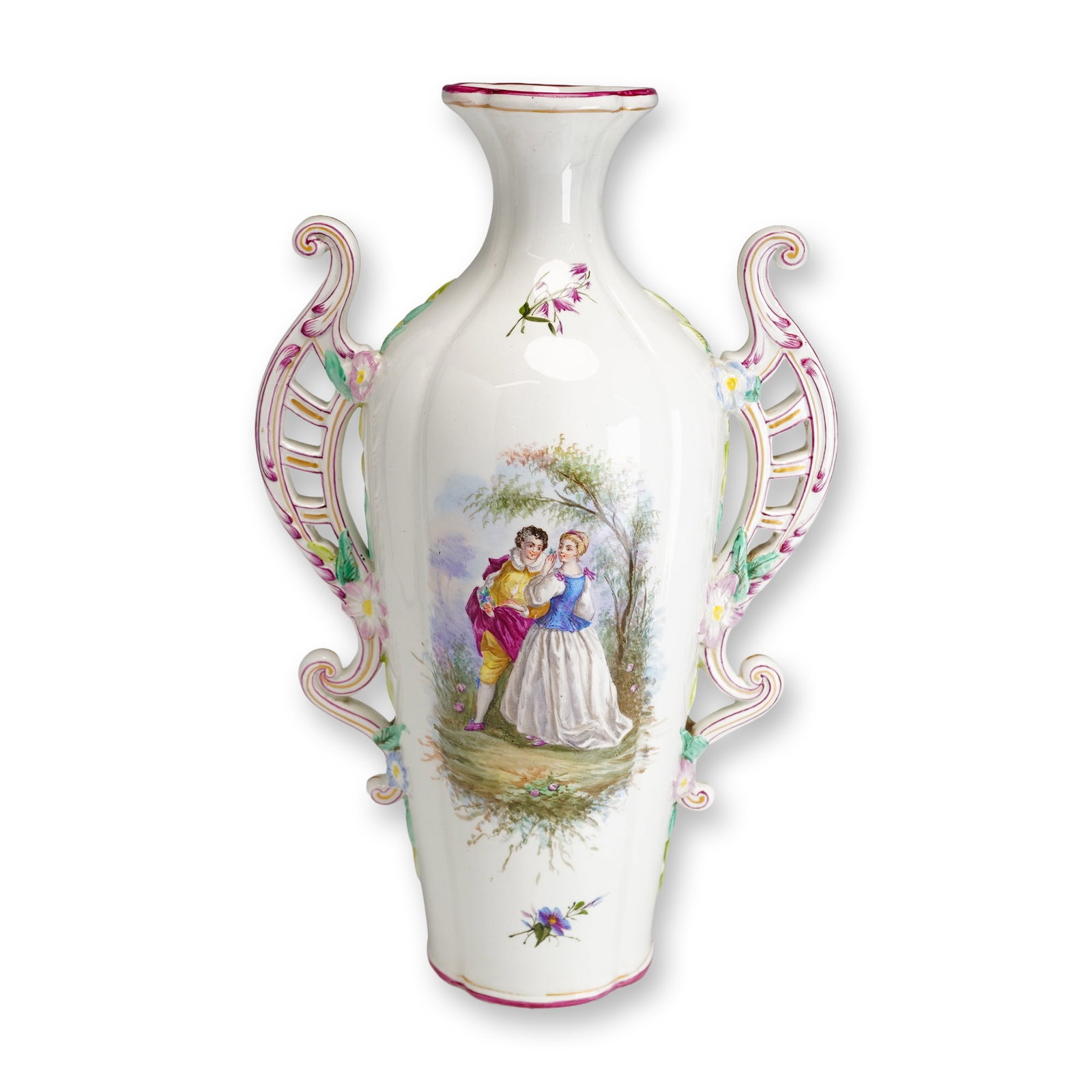 Wedgwood Pearlware Courting Couple Two-Handled Vase: This late 19th-century two-handled pearlware vase was produced by the English manufacturer Wedgwood. The vessel features a lobed baluster-form body tapering to a flared, scalloped neck and rim,