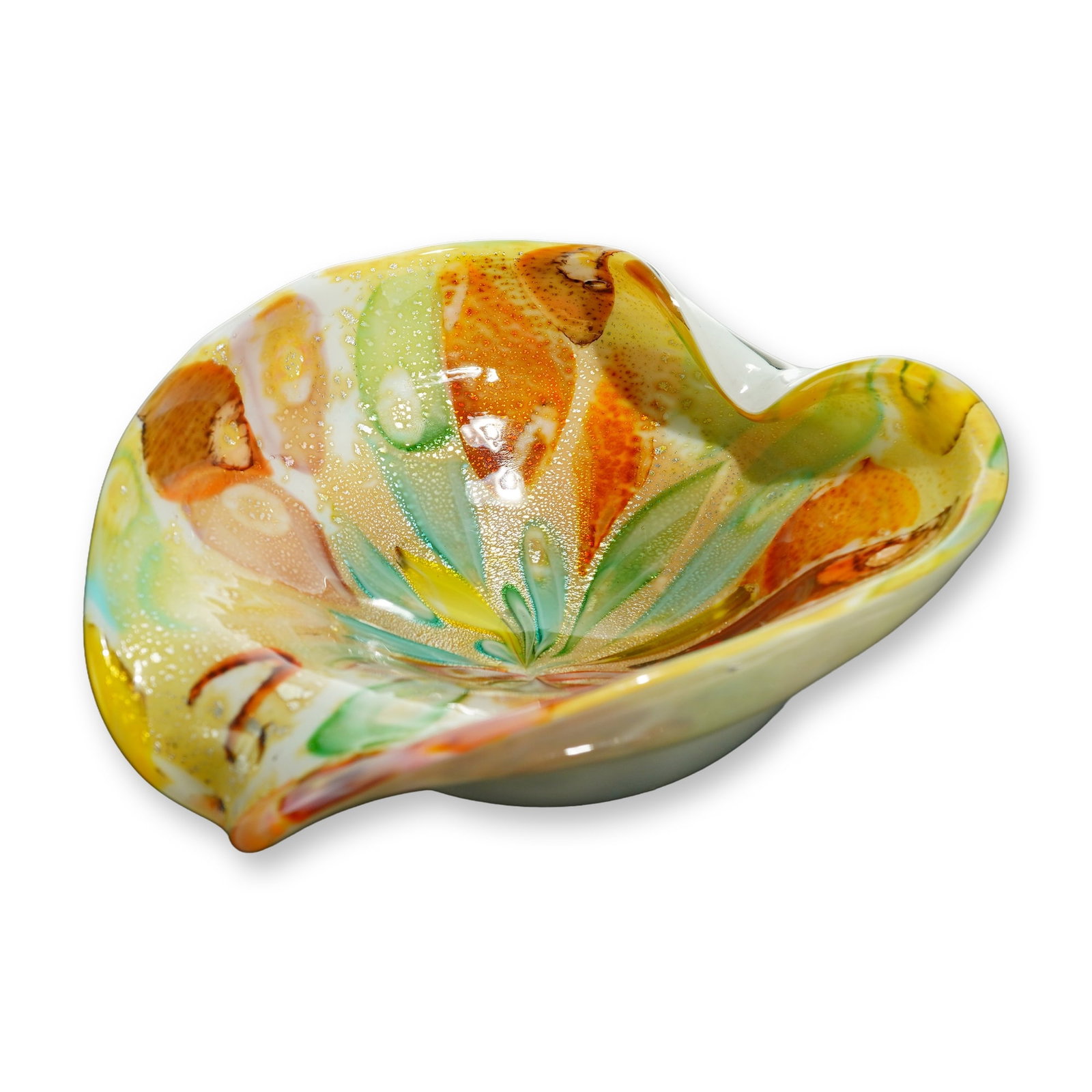 Mid-Century Murano Style Tutti Frutti Art Glass Bowl: Mid-20th century Murano style hand-blown art glass bowl. The interior features a vibrant, multi-colored patchwork of glass inclusions in shades of emerald green, amber, deep red, turquoise, and