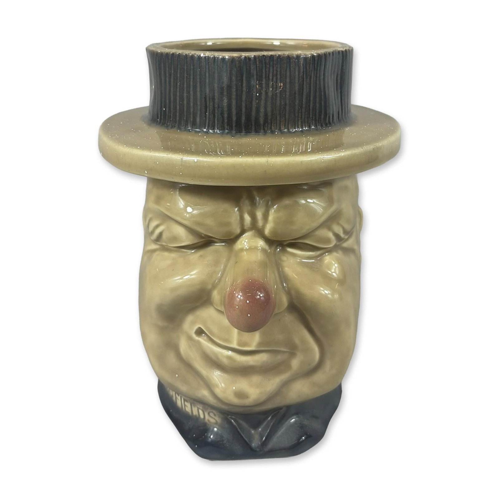 McCoy Pottery W.C. Fields Ceramic Jar: American, mid-20th century. Character jar by McCoy Pottery in glazed ceramic, modeled after the comedian W. C. Fields. The figure features a textured tan face with a prominent nose and squinted