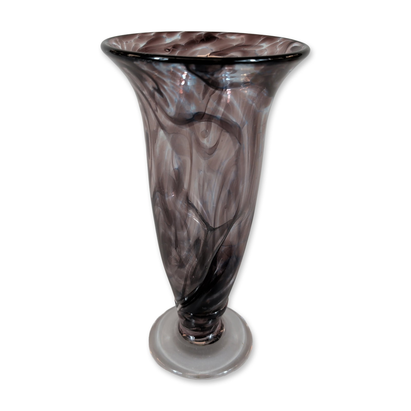 Artist Signed Art Glass Trumpet Vase: Hand-blown studio glass trumpet vase, dated 1981, featuring a marbled swirl pattern in smoky grey, charcoal, and translucent white tones. The flared body tapers to a solid, clear glass circular foot. 