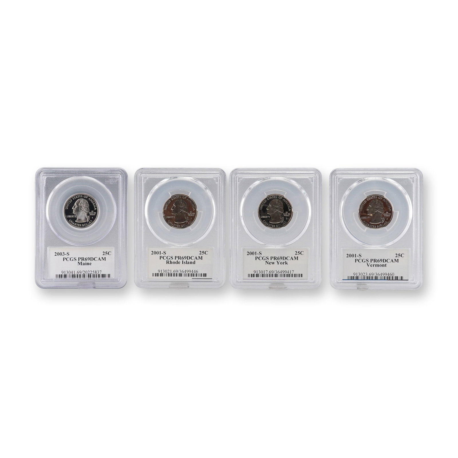 4pc US 2001-S, 2003-S State Quarters, Clad, PCGS PR69DCAM: A collection of four United States Quarter Dollars (25C) from the Statehood Quarters Program, all struck with the S mint mark indicating San Francisco proof production. The set includes four different