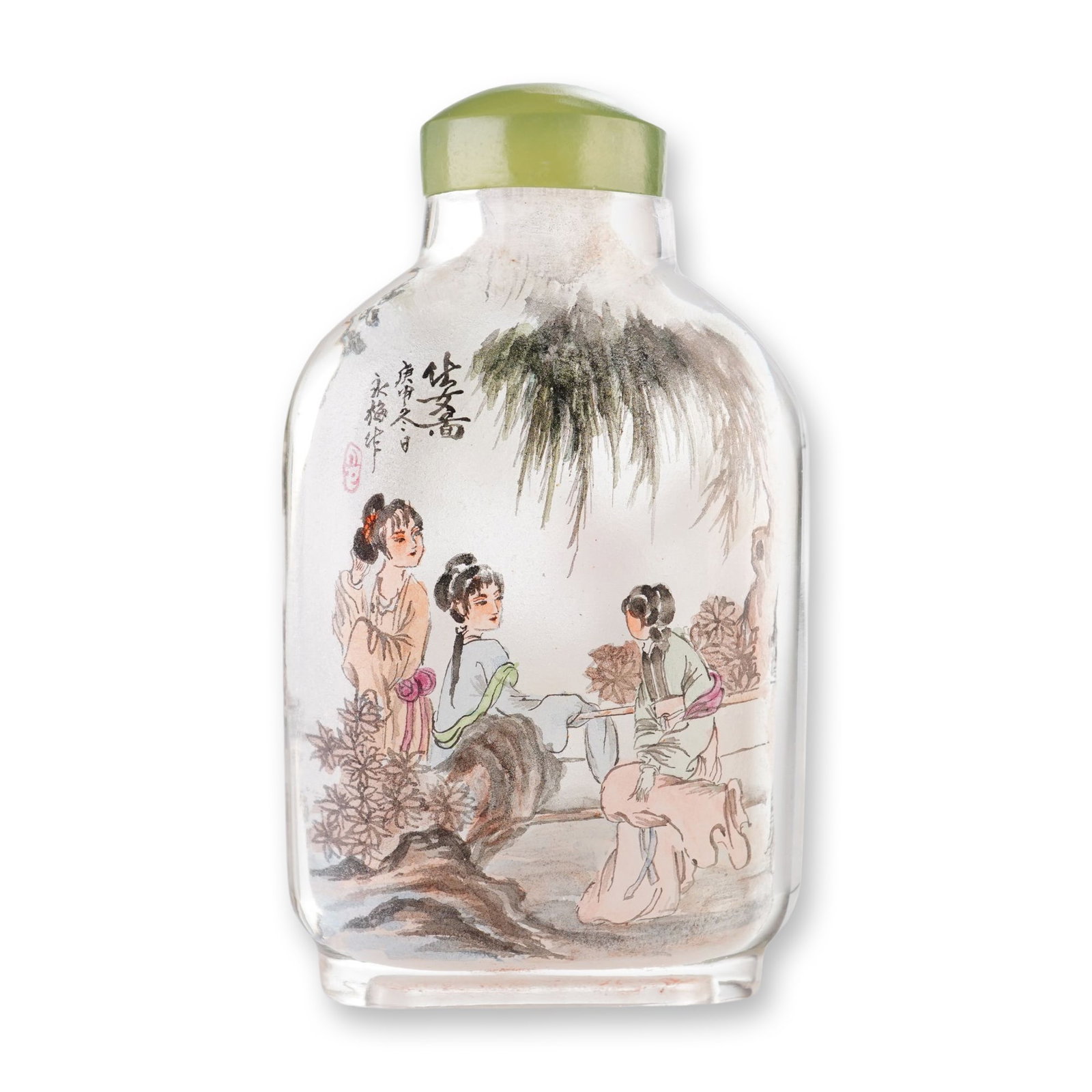 Inside Painted Glass Snuff Bottle, Maidens in Garden: A rounded rectangular glass snuff bottle presented with a domed green stopper. The interior is painted with a continuous scene depicting maidens in the garden. The upper left corner features calligrap