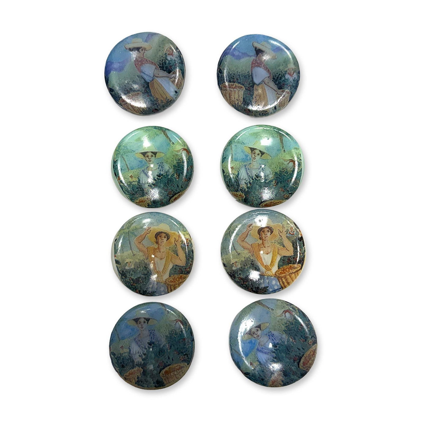 A SET OF DIVISION THREE PICTORIAL GLASS BUTTONS: 6 Large 20th C. transfers on glass from the Czech Republic. This lot consists of 6 different designs in a colorful array and detail transferred onto a thick glass base with a metal shank. These were m