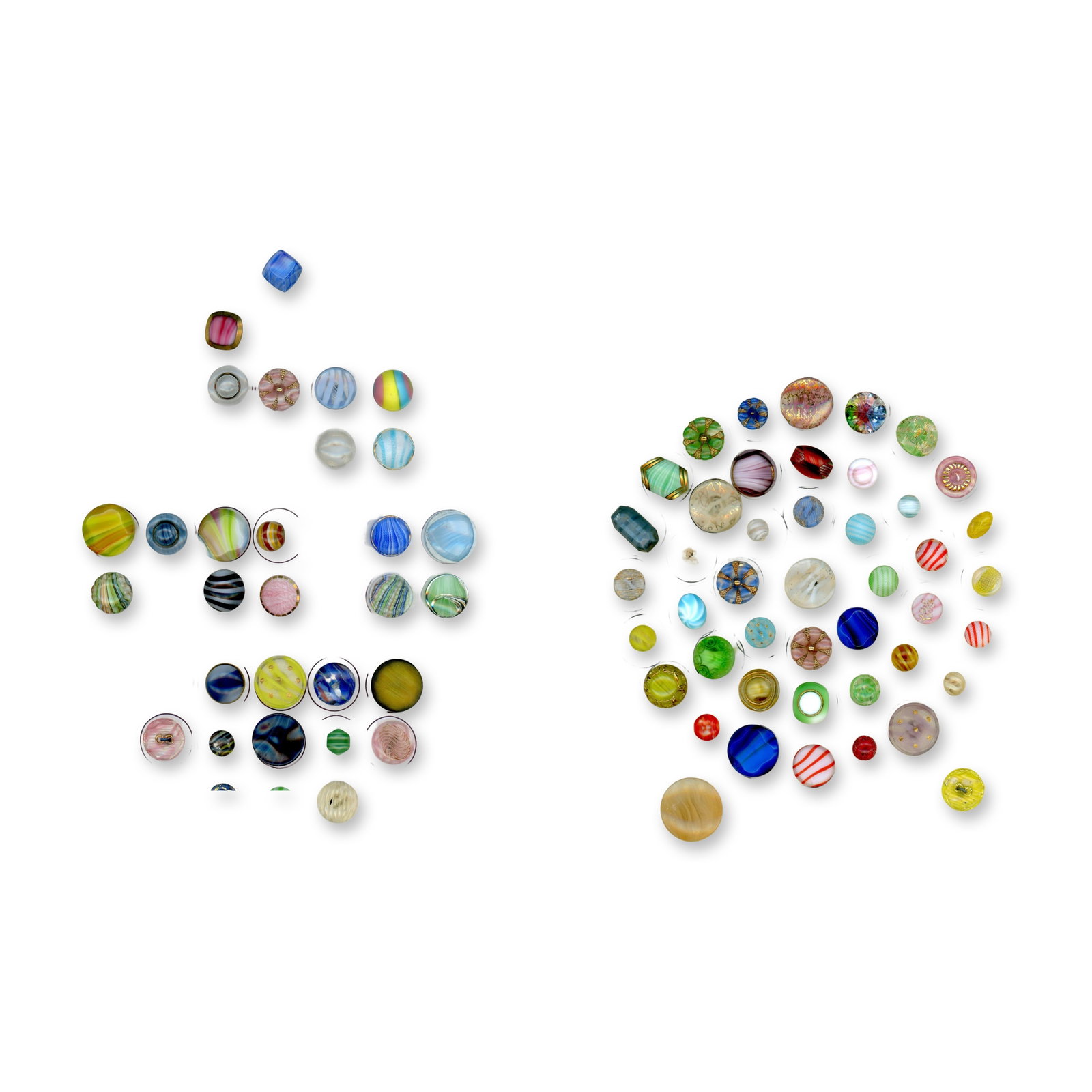 2 CARDS DIVISION THREE COLORED GLASS BUTTONS: 81 Small West German Glass specialized to striped glass. These cards include a variety for colors and designs. A nice selection. Dimensions: SM=Less than 3/4", Medium=3/4" to 1 1/4". Large=1 1/4" and 