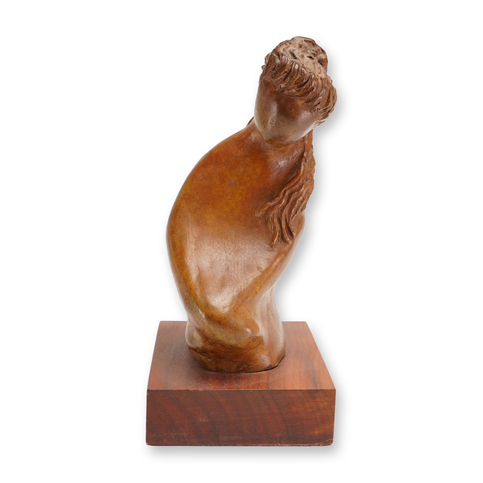 Kenneth Hari (American, b. 1947), Modernist Patinated Bronze Sculpture of a Faceless Woman, Edition: This modernist patinated bronze sculpture by Kenneth Hari (American, b. 1947) portrays a stylized female figure in a fluid, abstracted torso form. The work features a smooth, organic body that contras