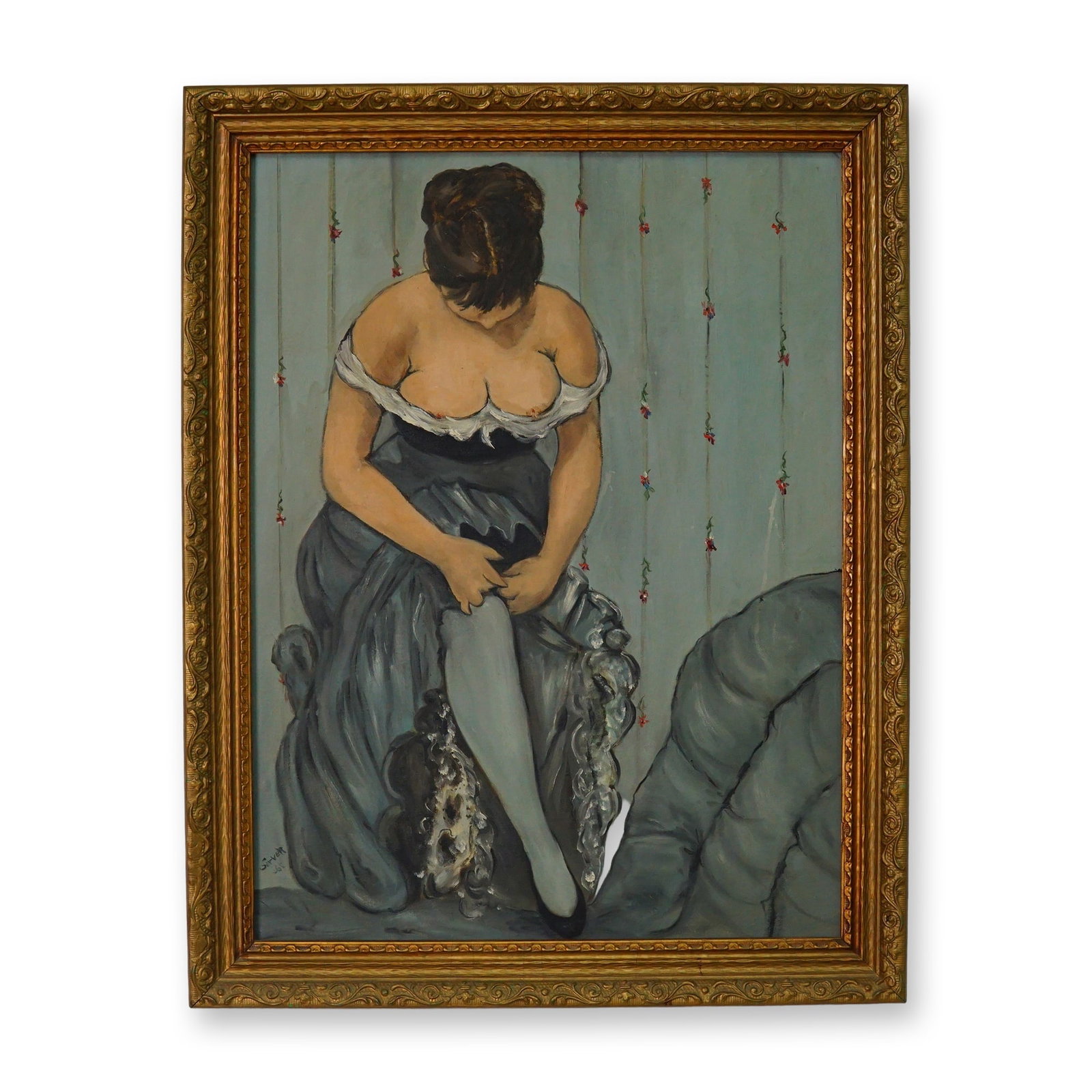 Sevver, Oil on Board, Woman in Grey: Framed figurative painting of woman in dark dress with white stockings. Signed and dated by artist lower left. Dimensions: 21"L x 27"H; sight size 17"L x 23"H Date or Era: 1965
