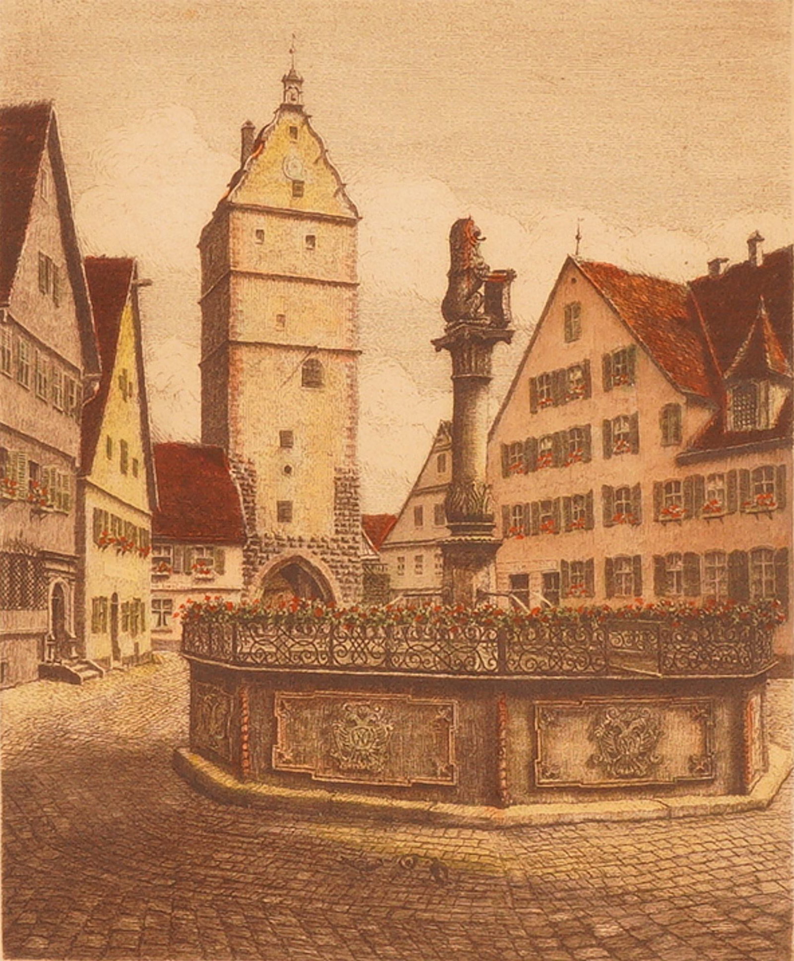 Hand-Colored Engraving, Street View from Dinkelsbuhl, Signed: Finely detailed hand colored engraving depicting a charming street scene from Dinkelsbuhl, Germany, featuring cobblestone streets, historic half-timbered buildings, and a central fountain adorned with