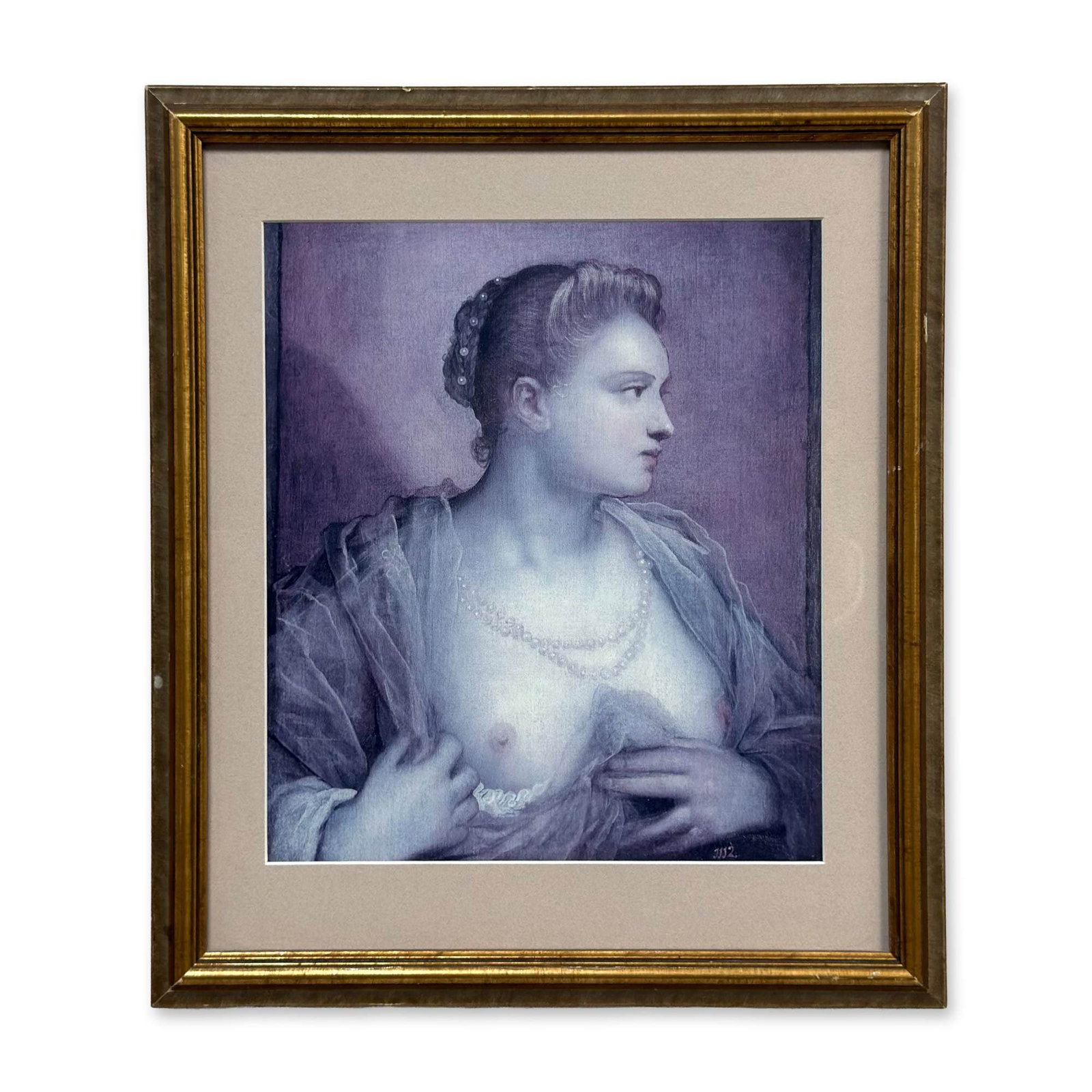 After Jacopo Tintoretto (Italian, 1518-1594), 'The Woman Revealing Her Breast': This item is a framed print on paper after the original painting by Jacopo Tintoretto (Italian, 1518-1594) titled The Woman Revealing Her Breast or Lady Uncovering Her Breast. The subject depicts a wo